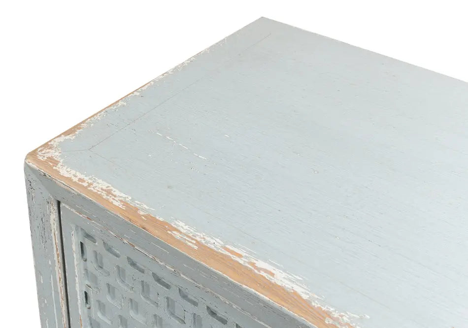 A stylish honeycomb front sideboard with a light aquamarine blue finish, showcasing the intricate geometric pattern and reclaimed wood texture.