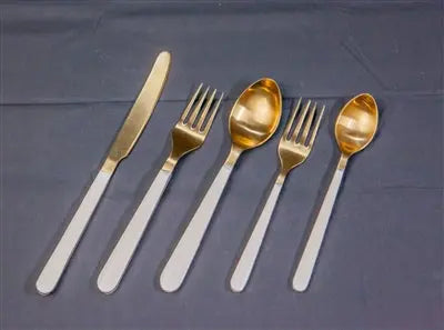 5pc Gold Flatware Place Setting with sleek White Resin Handles. Includes 5 pieces in a gift box. Luxurious, modern, and perfect for elegant dining. Hand wash only.