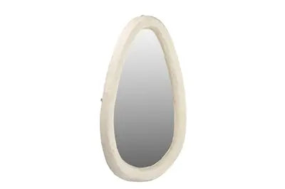 A large round wall mirror featuring a thick, textured off-white frame made from sustainable paper mache with a smooth, artisanal finish.