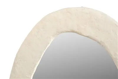 A large round wall mirror featuring a thick, textured off-white frame made from sustainable paper mache with a smooth, artisanal finish.