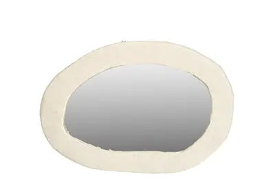 A large round wall mirror featuring a thick, textured off-white frame made from sustainable paper mache with a smooth, artisanal finish.