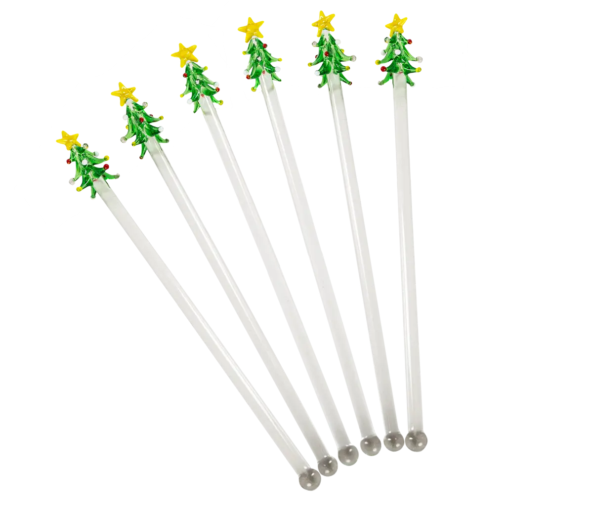 Set of six white Christmas tree-themed stir sticks on a white background