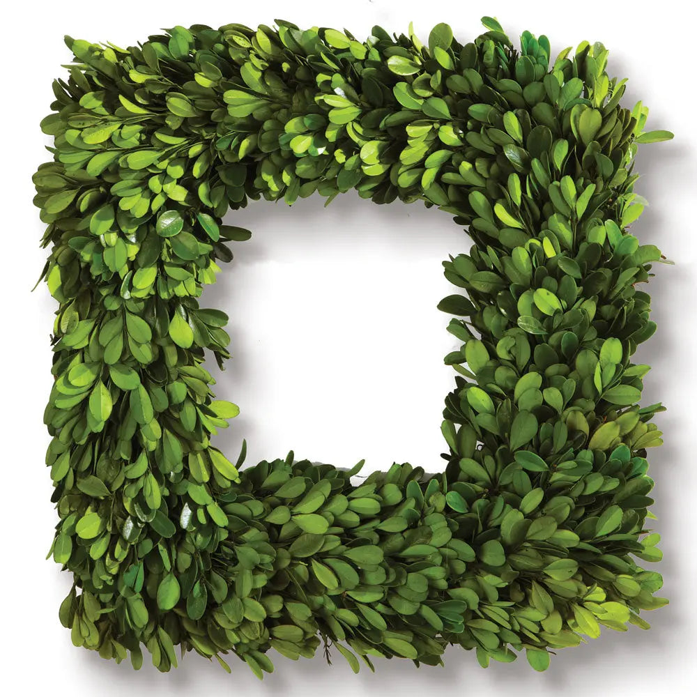 16-inch preserved boxwood square wreath with lush greenery
