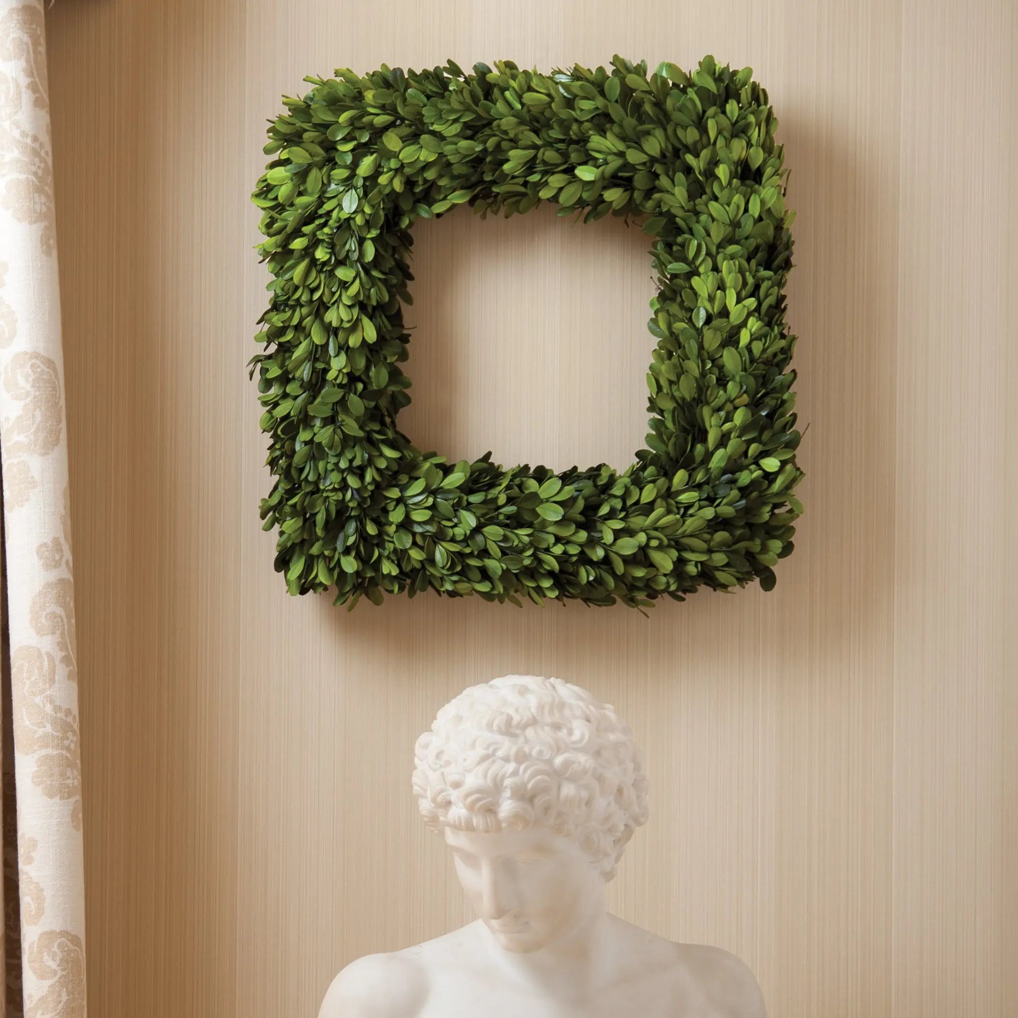 16-inch preserved boxwood square wreath with lush greenery
