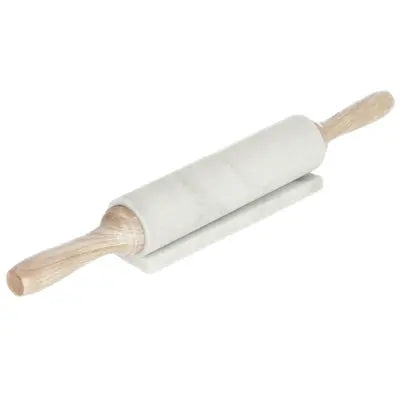 A professional 18-inch rolling pin featuring a white marble center and tapered mango wood handles, resting on a matching marble and wood storage cradle.