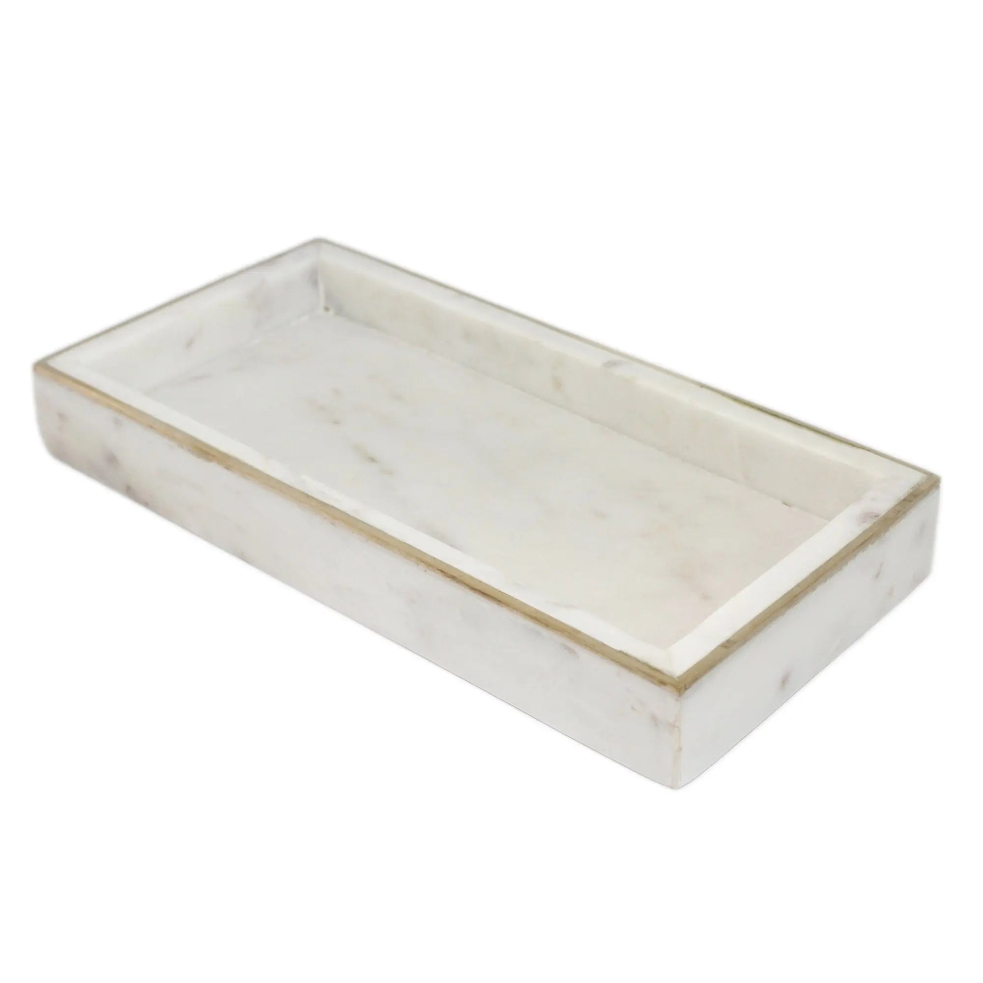 Rectangular White Marble Tank Tray featuring natural gray veining, a polished finish, and a thick polished brass metal rim around the edges.