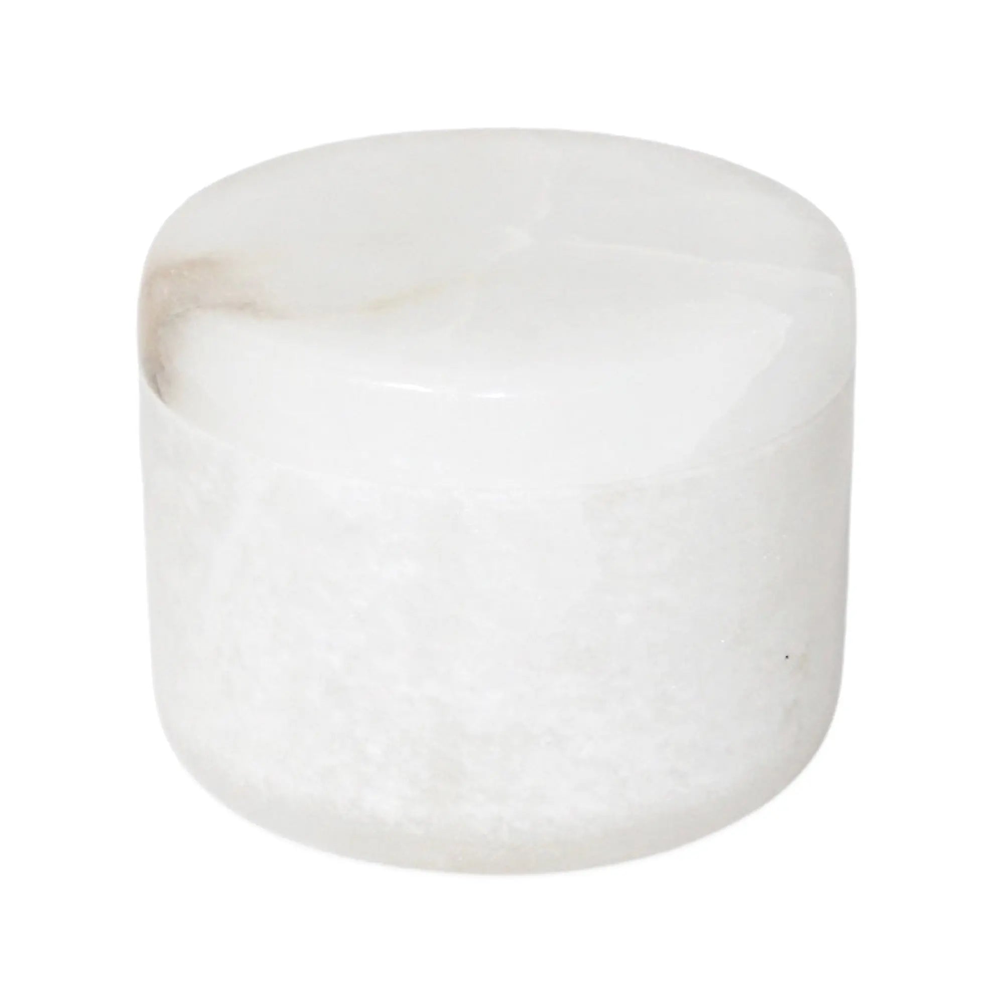 White Alabaster Votive Box with smooth finish and natural veining, 4-inch diameter