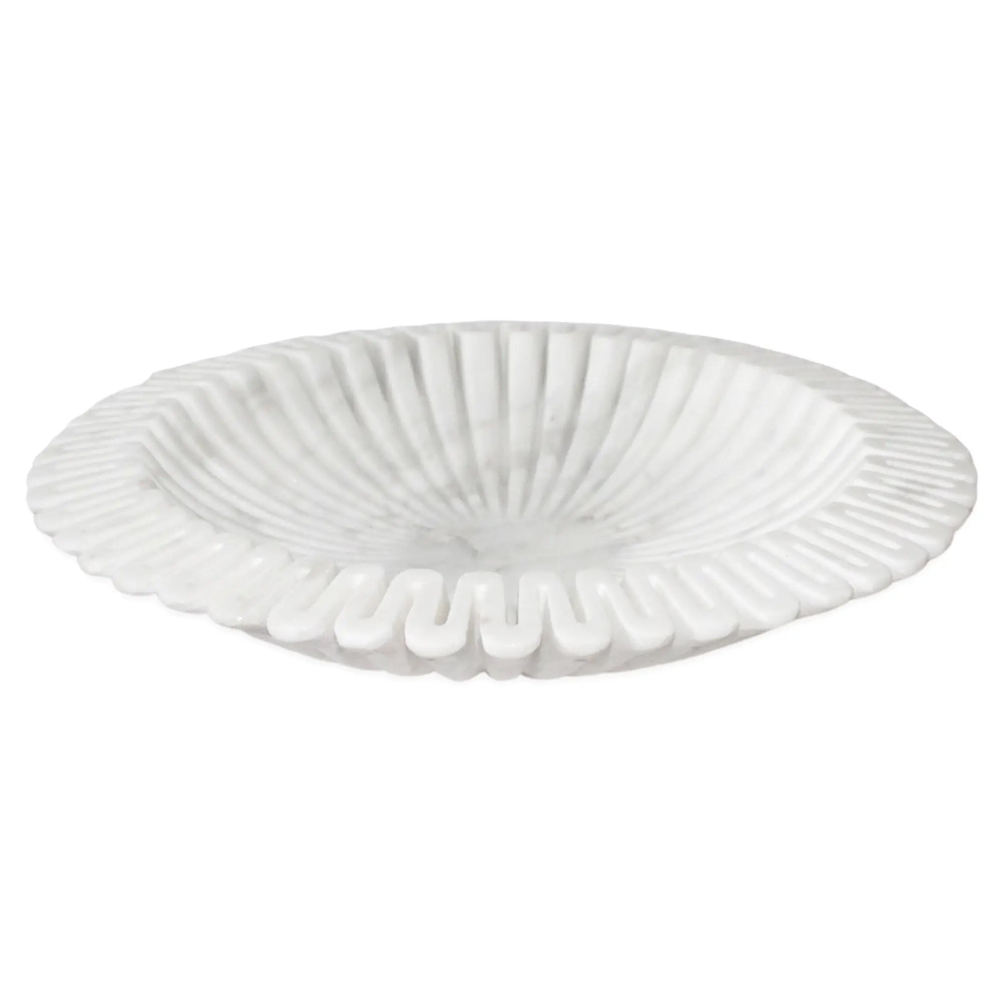 Extra large 13-inch white marble lotus centerpiece bowl with deeply carved flower petal edges and natural gray veining on a polished surface.