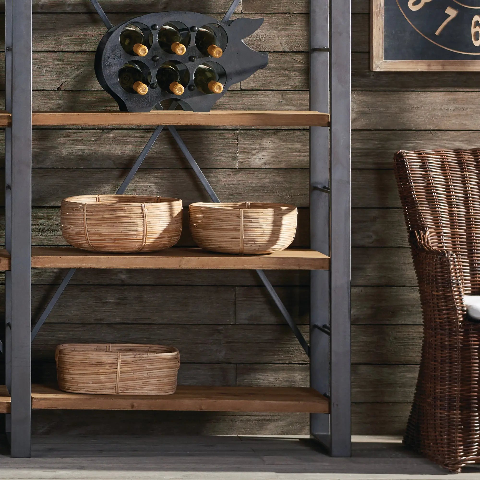 Set of Three Low Rattan Baskets