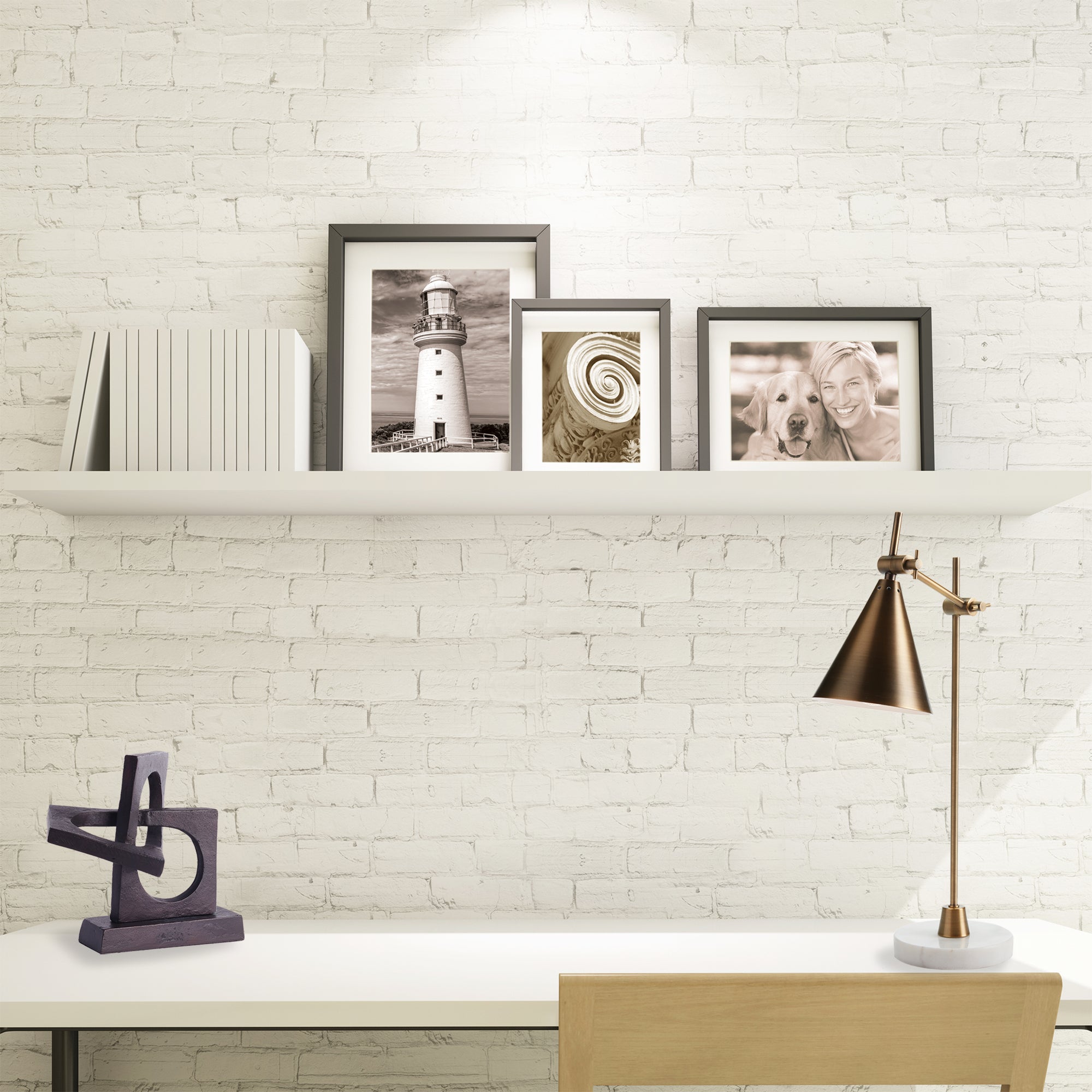 Arnoldi desk lamp with dual brass arms and a round white marble base