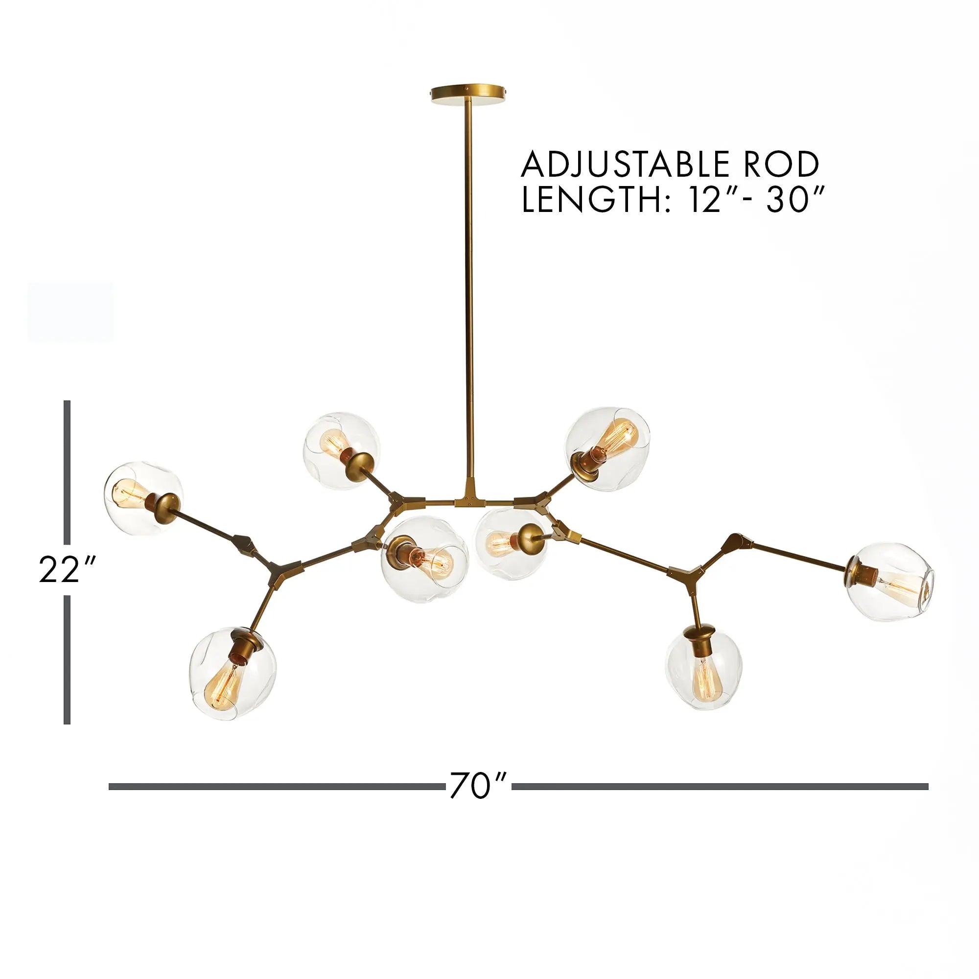 Modern Daniella globe chandelier in antique brass with adjustable arms and glass globes