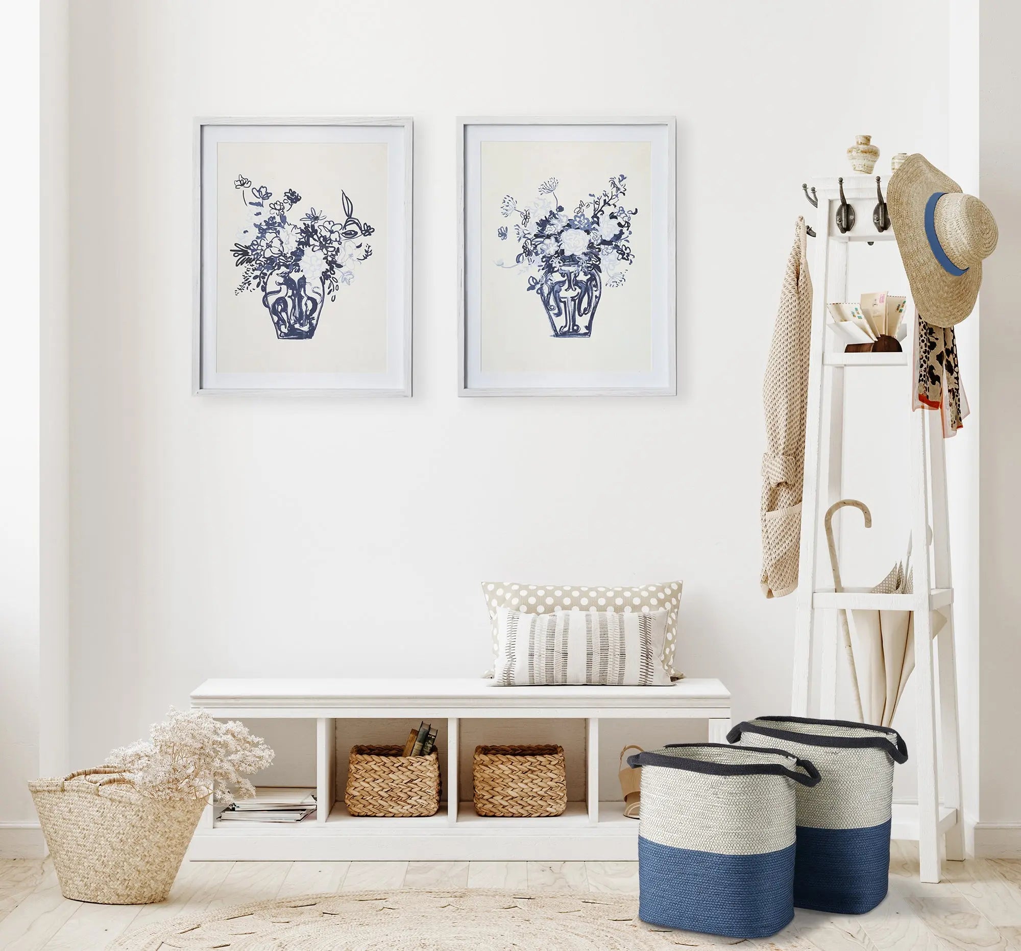 Ayden Baskets w/ Handles – White & Blue, Set of 2