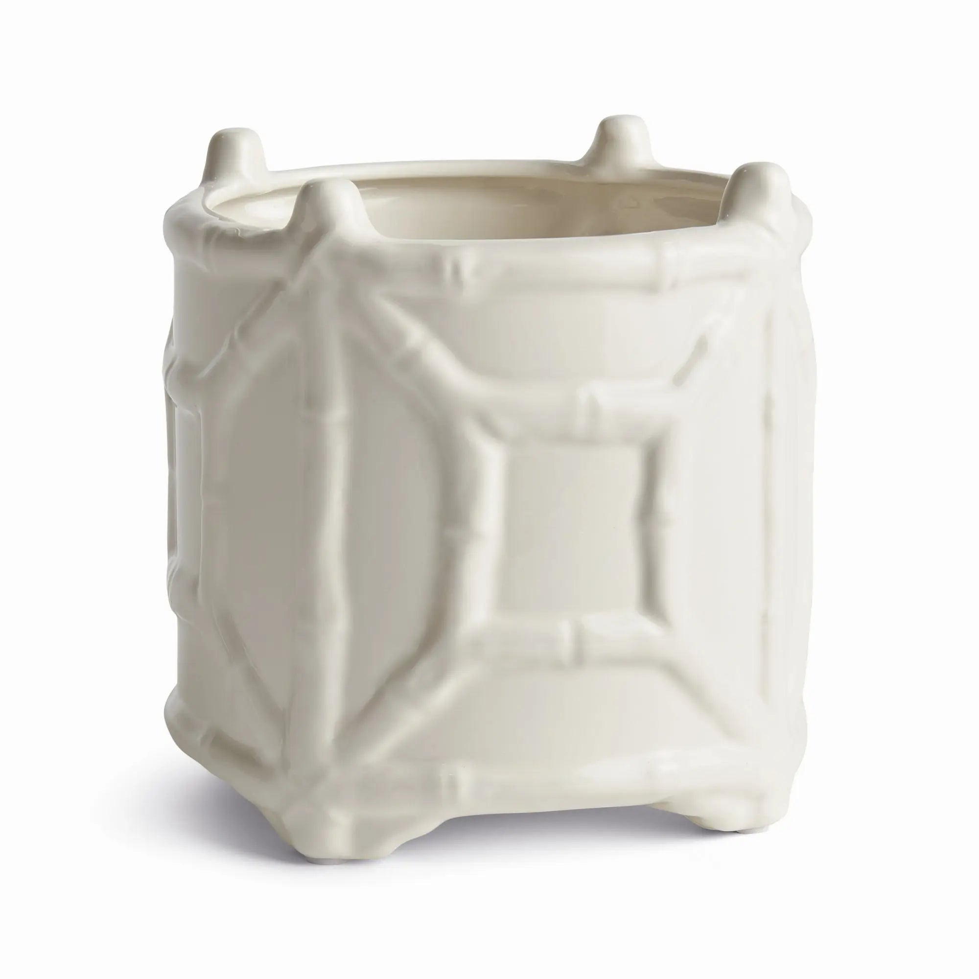 Chinoiserie Round Bamboo Cachepot - Classic White Ceramic Planter (Small or Large) - Villa Decor & Design