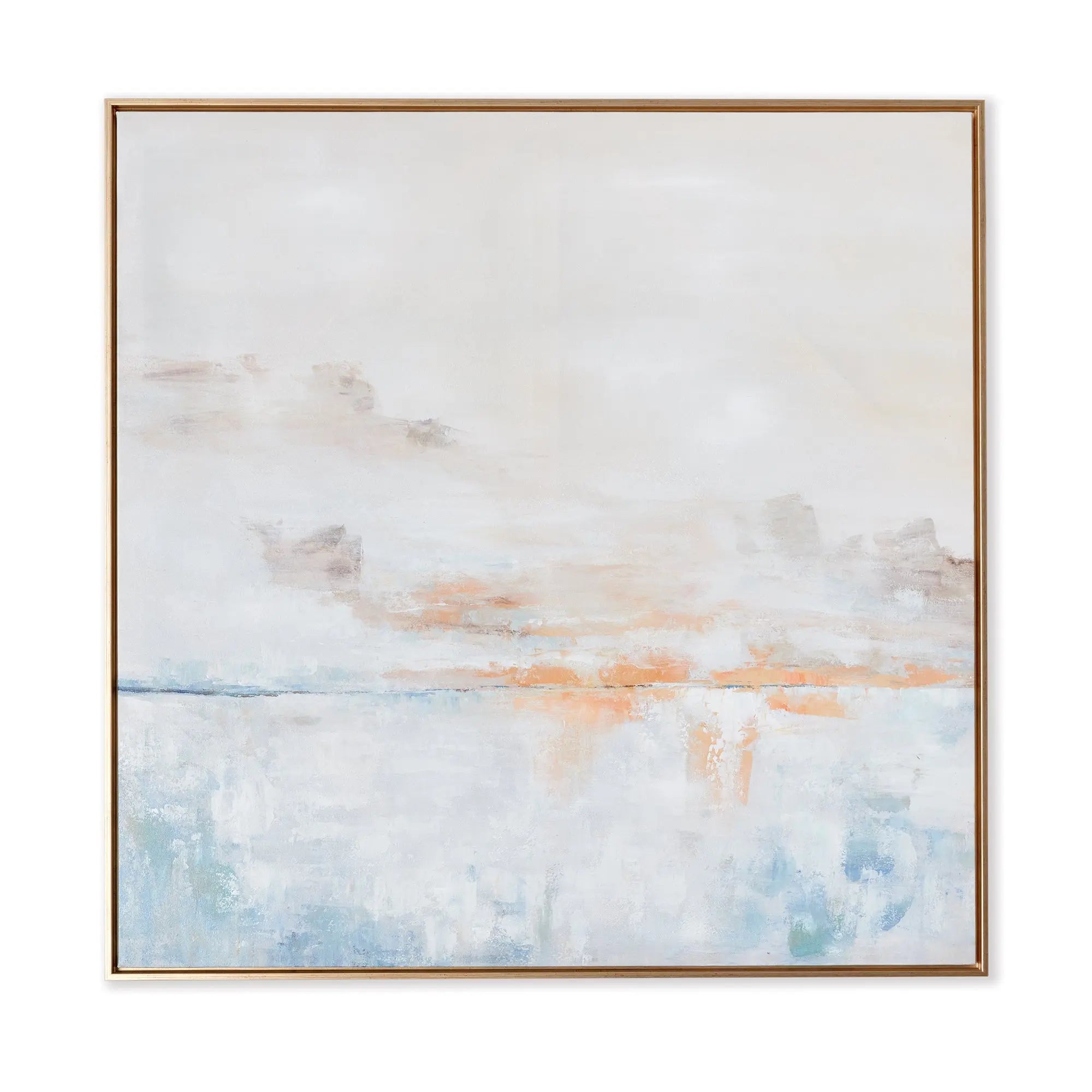 A square piece of wall art titled "After the Storm" showing a serene sky with soft, muted tones of blue, gray, and white, with hand-painted highlights, enclosed in a thin gold frame.