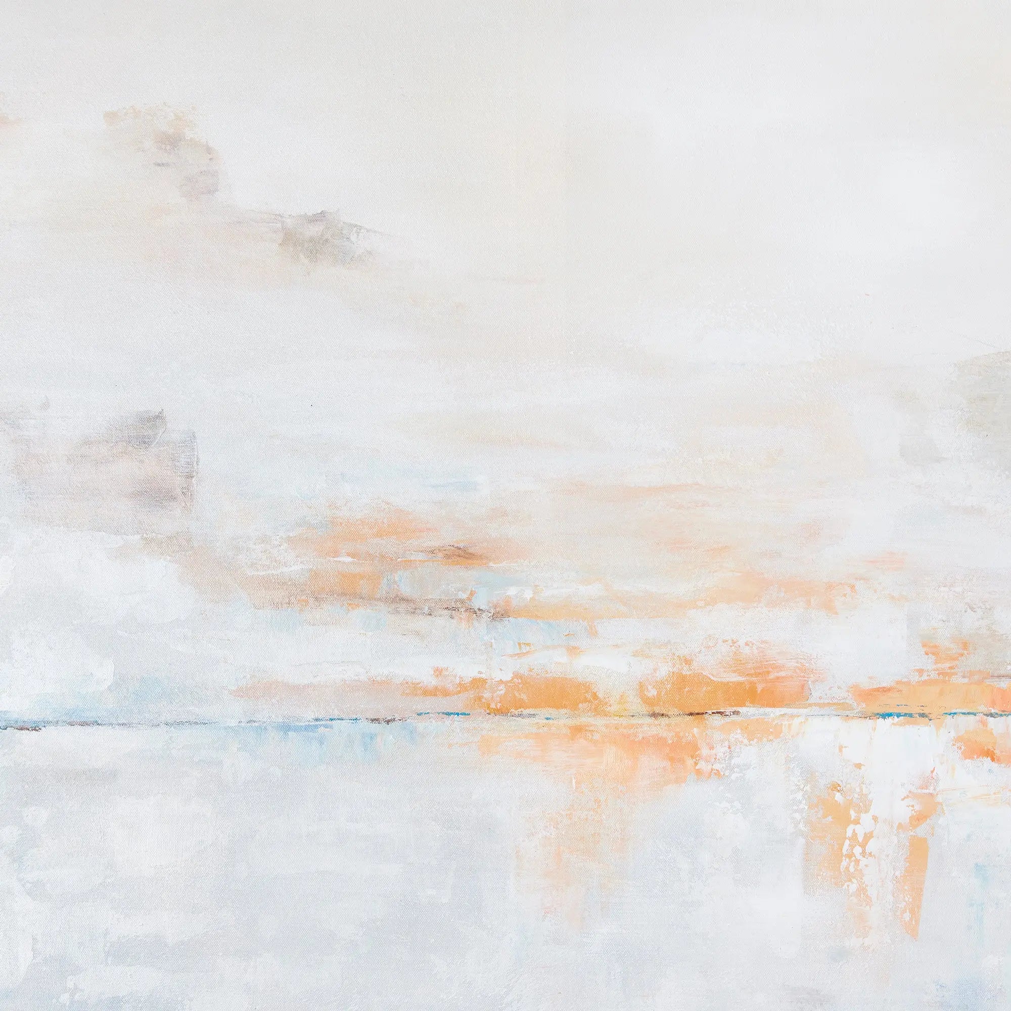 A square piece of wall art titled "After the Storm" showing a serene sky with soft, muted tones of blue, gray, and white, with hand-painted highlights, enclosed in a thin gold frame.