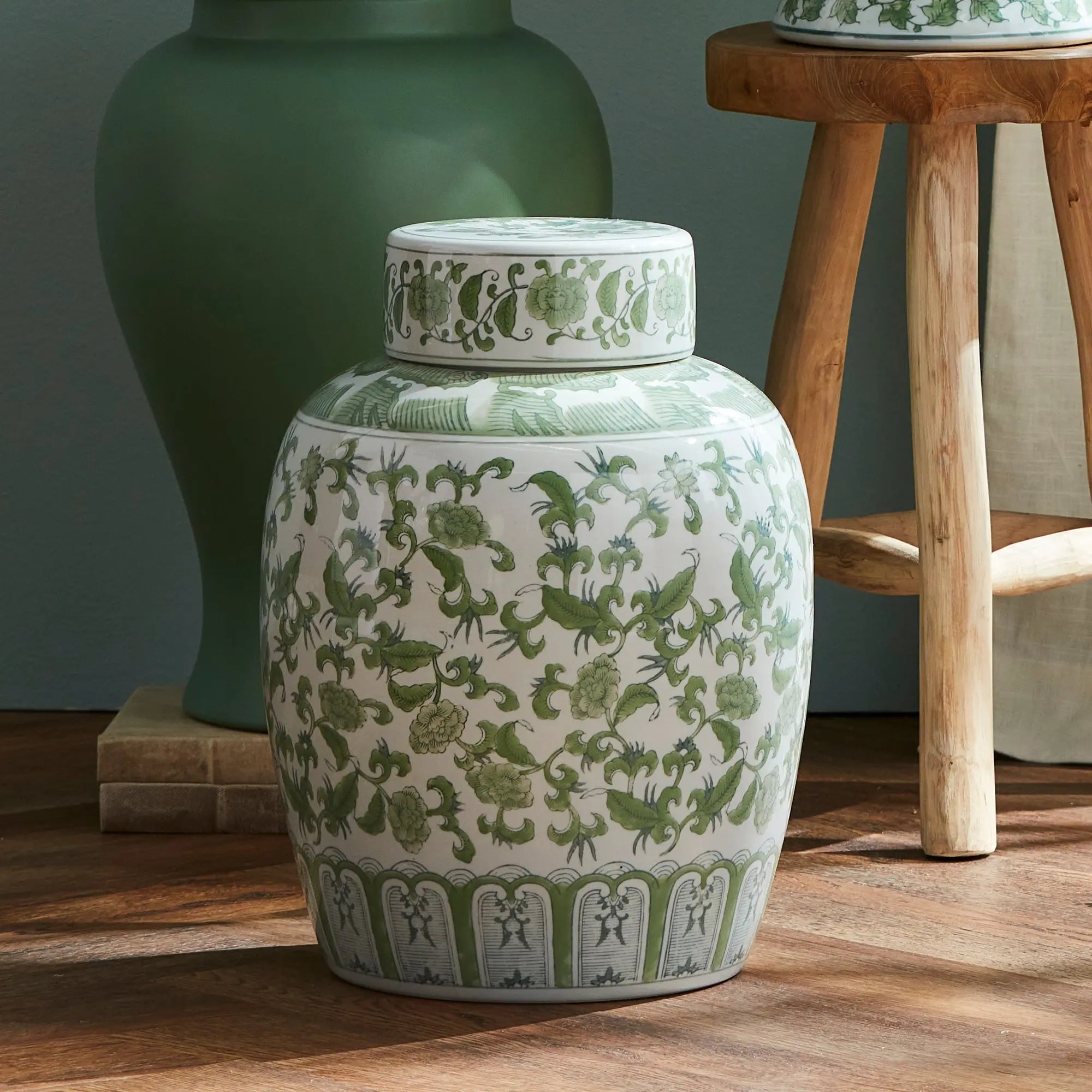 Imperial Blossom Lidded Jar - handcrafted green and white chinoiserie ceramic jar with traditional Asian-inspired patterns for home décor