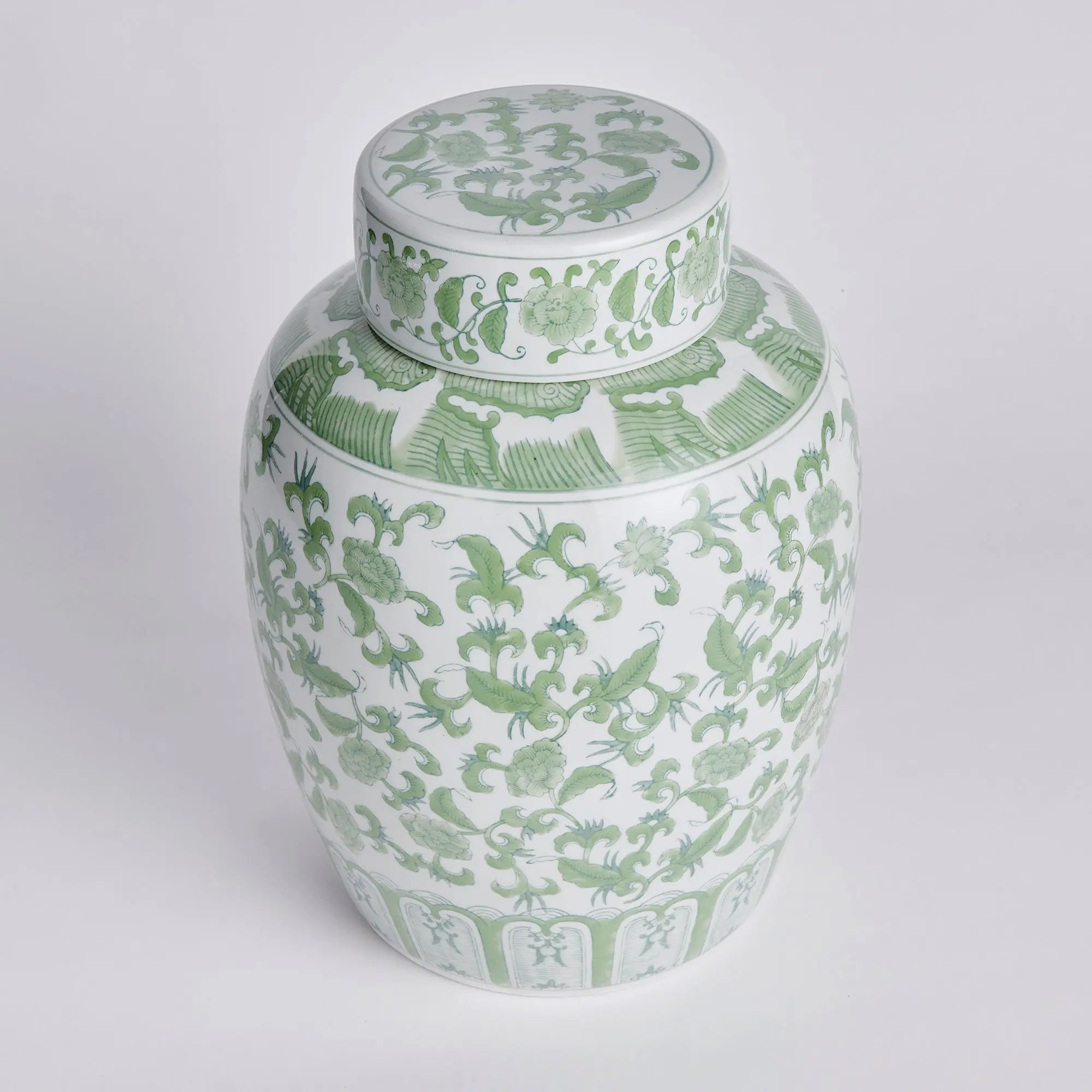 Imperial Blossom Lidded Jar - handcrafted green and white chinoiserie ceramic jar with traditional Asian-inspired patterns for home dΓ©cor