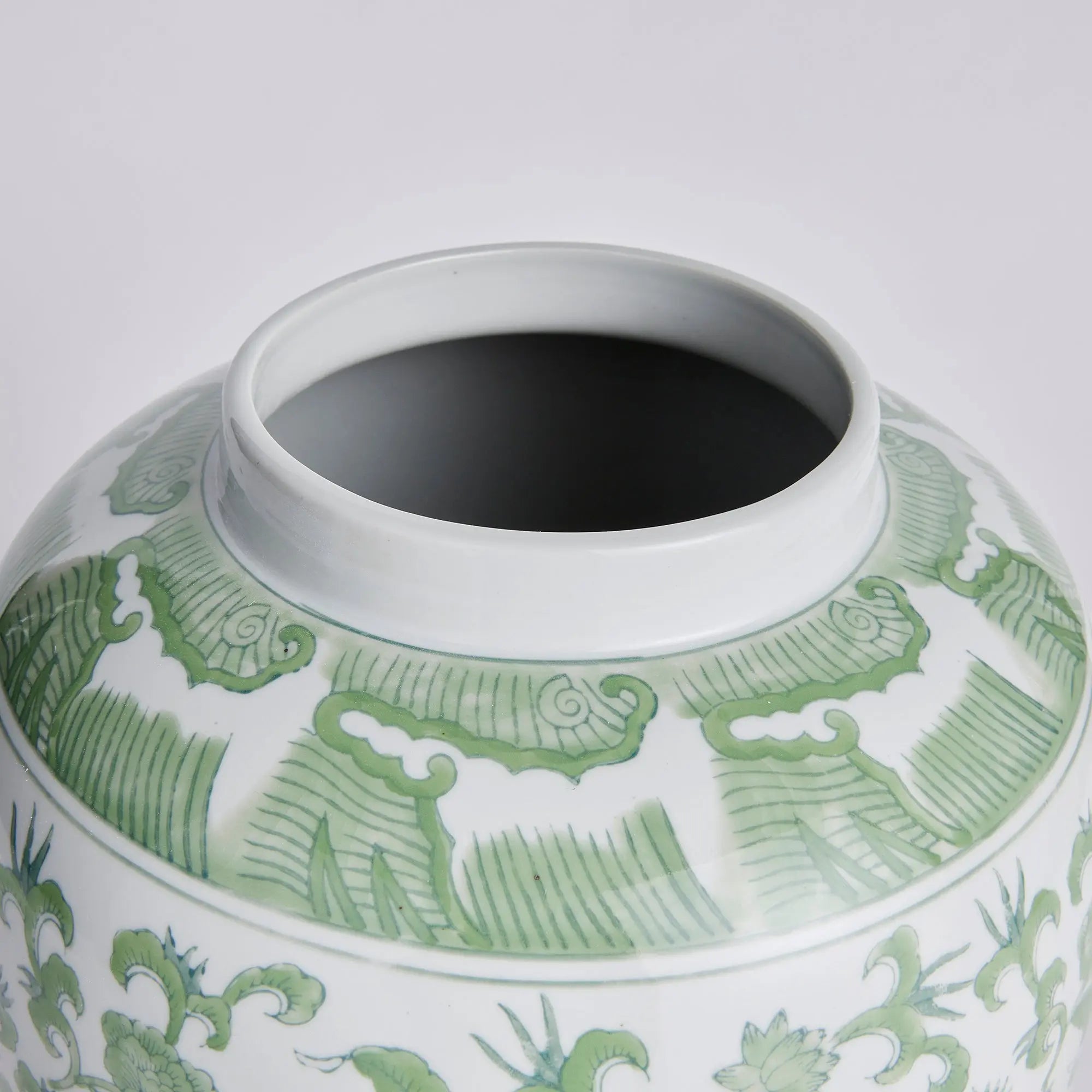 Imperial Blossom Lidded Jar - handcrafted green and white chinoiserie ceramic jar with traditional Asian-inspired patterns for home décor