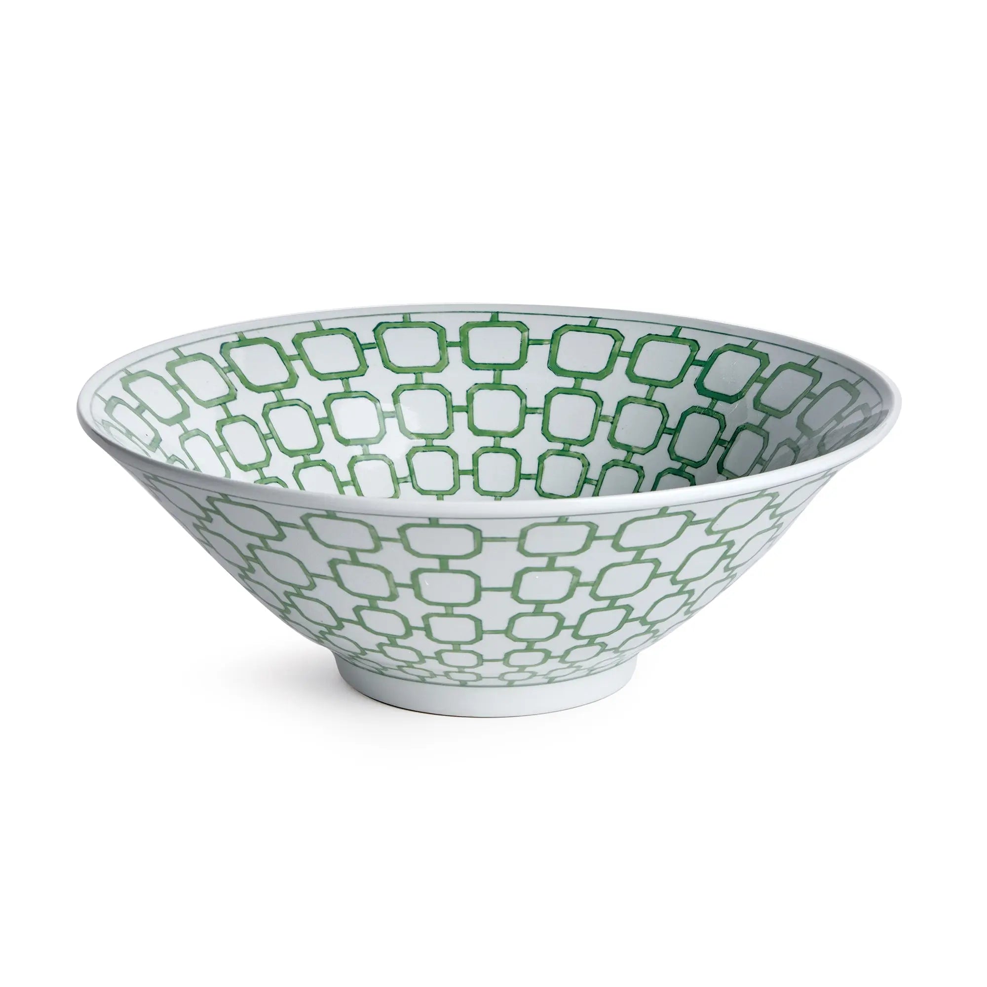 Imperial Link Decorative Bowl - handcrafted green and white chinoiserie ceramic bowl with distinctive link pattern for elegant home décor