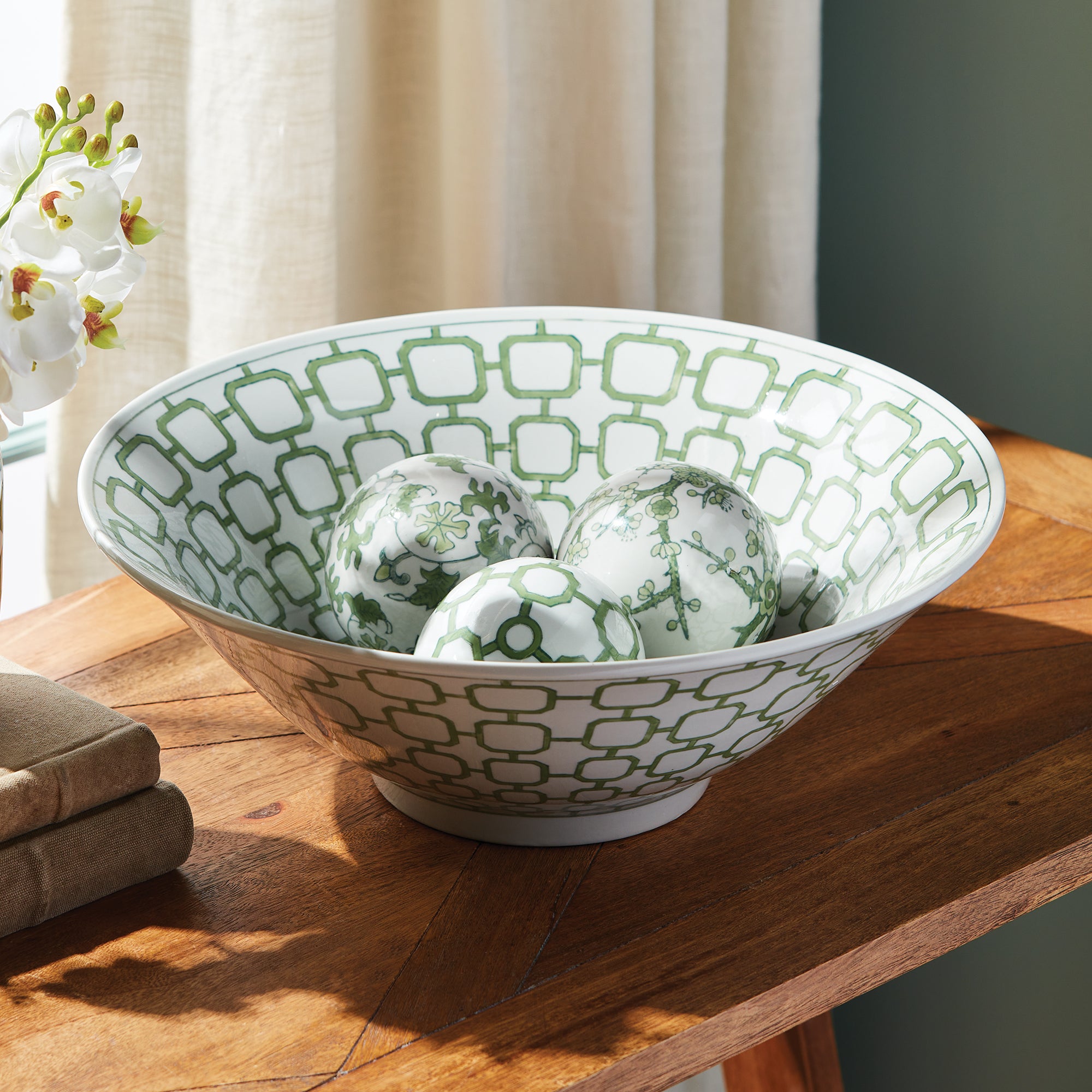 Imperial Link Decorative Bowl - handcrafted green and white chinoiserie ceramic bowl with distinctive link pattern for elegant home décor