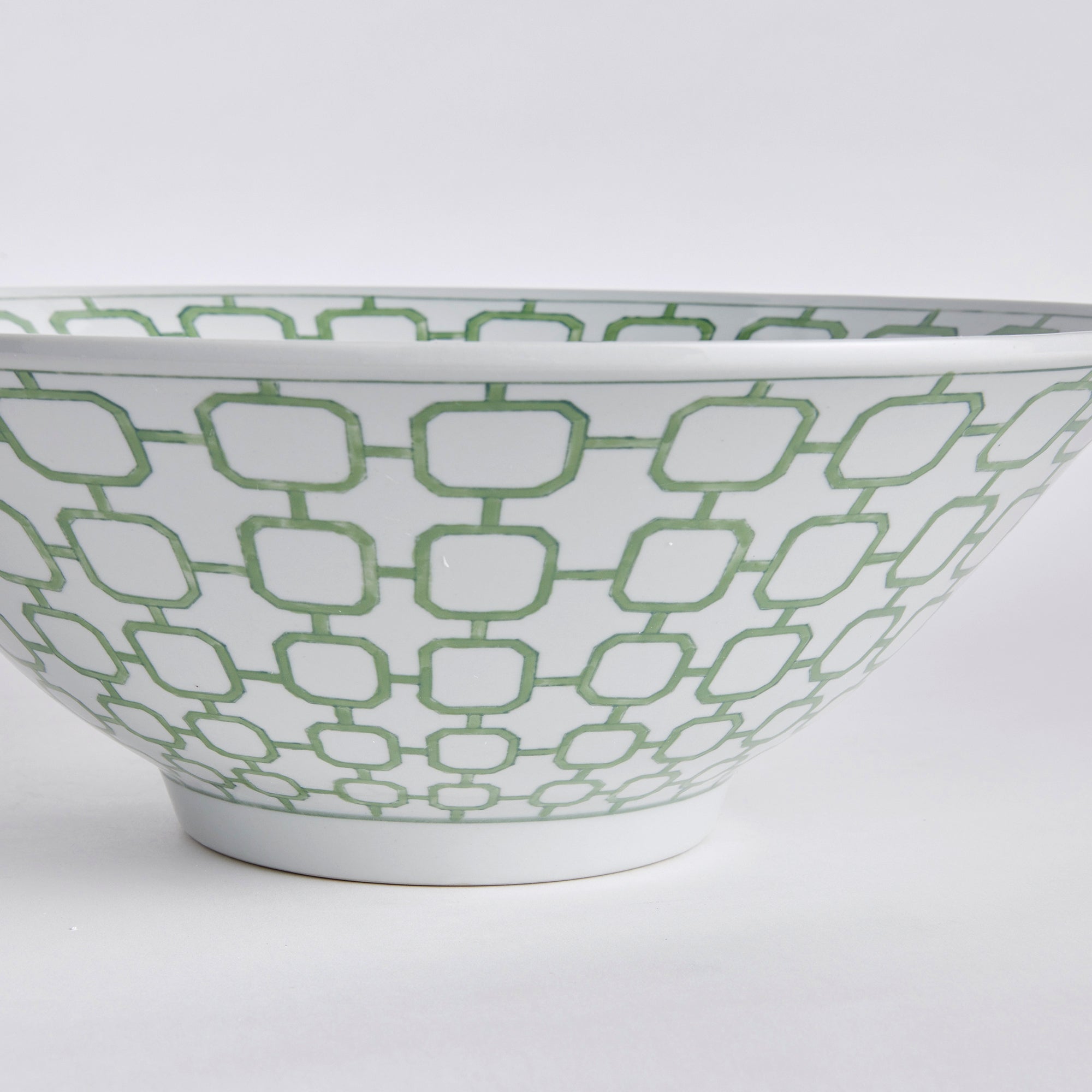 Imperial Link Decorative Bowl - handcrafted green and white chinoiserie ceramic bowl with distinctive link pattern for elegant home décor