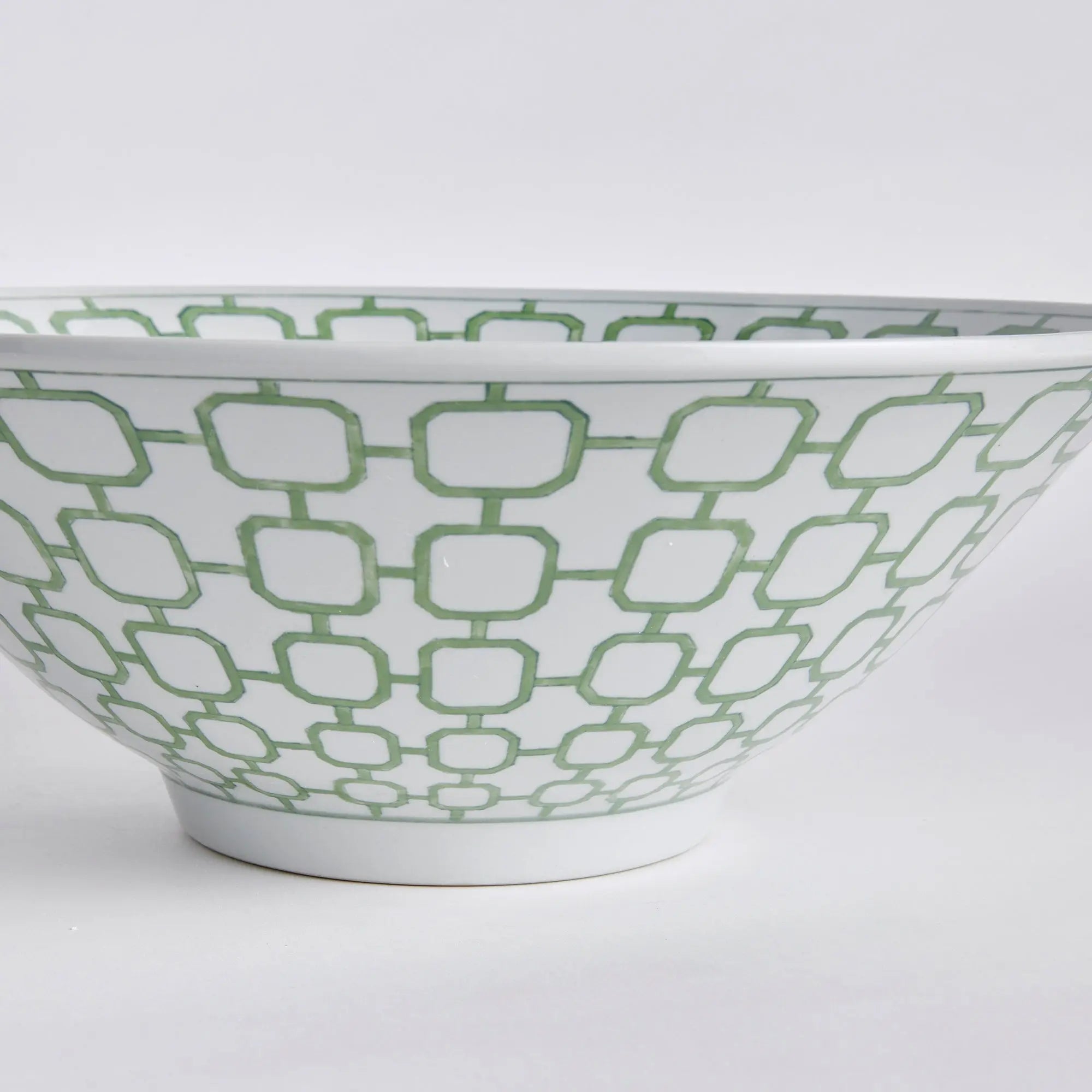 Imperial Link Decorative Bowl - handcrafted green and white chinoiserie ceramic bowl with distinctive link pattern for elegant home décor
