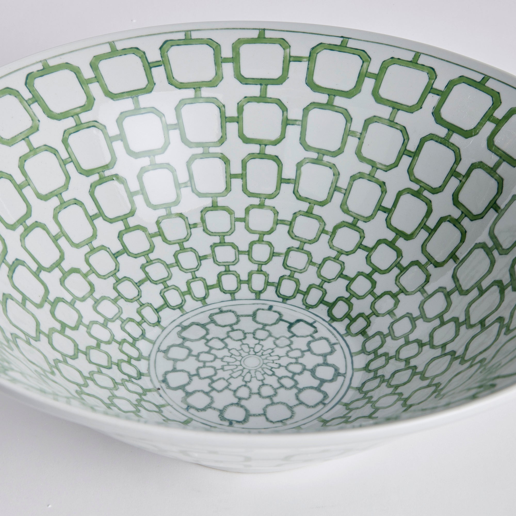 Imperial Link Decorative Bowl - handcrafted green and white chinoiserie ceramic bowl with distinctive link pattern for elegant home décor