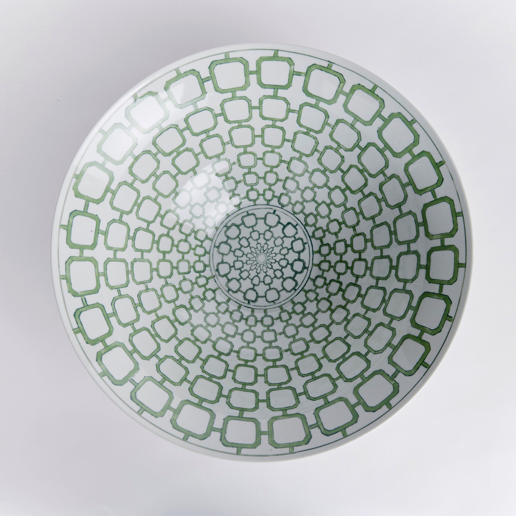Imperial Link Decorative Bowl - handcrafted green and white chinoiserie ceramic bowl with distinctive link pattern for elegant home décor