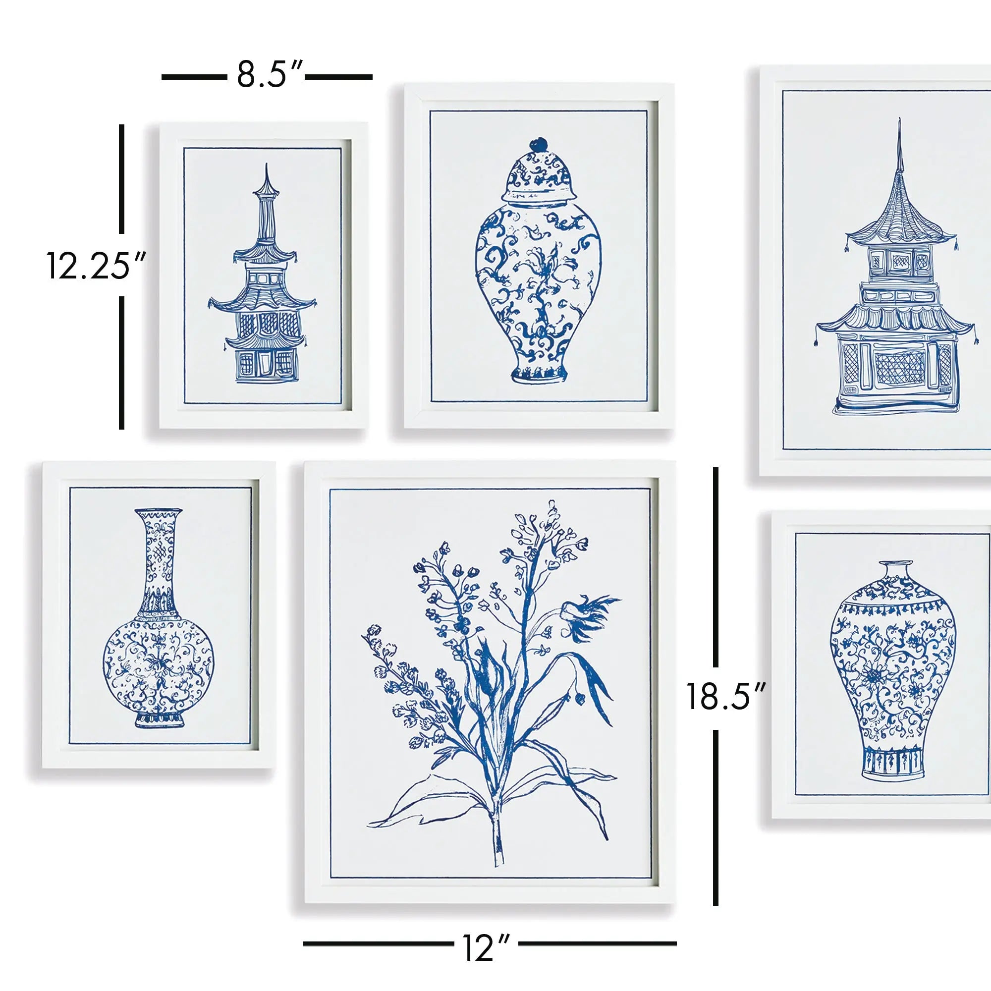Chinoiserie Gallery Prints. Set of 8 monochromatic blue prints in white fir wood frames. Curated for a stunning salon-style gallery wall. 5 varied sizes. Perfect for coastal or traditional homes.
