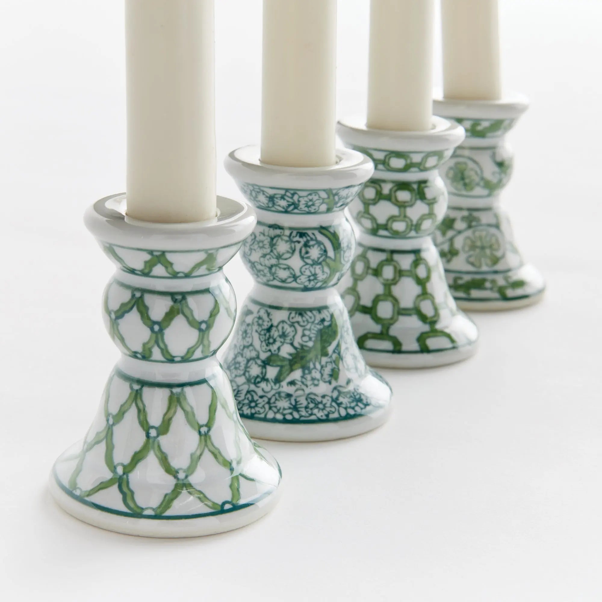 Imperial Mini Taper Holders Set of 4 - green and white chinoiserie ceramic candle holders designed for LED flameless candles