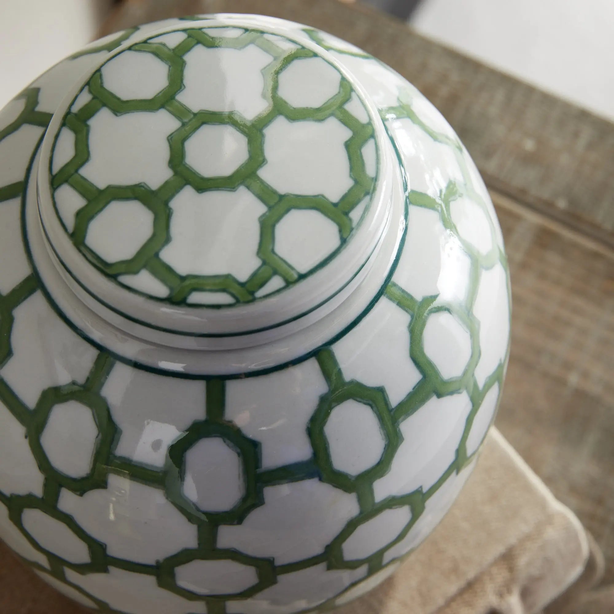Imperial Link 5.5" Lidded Jar - Green & White Geometric Porcelain Napa Home & Garden