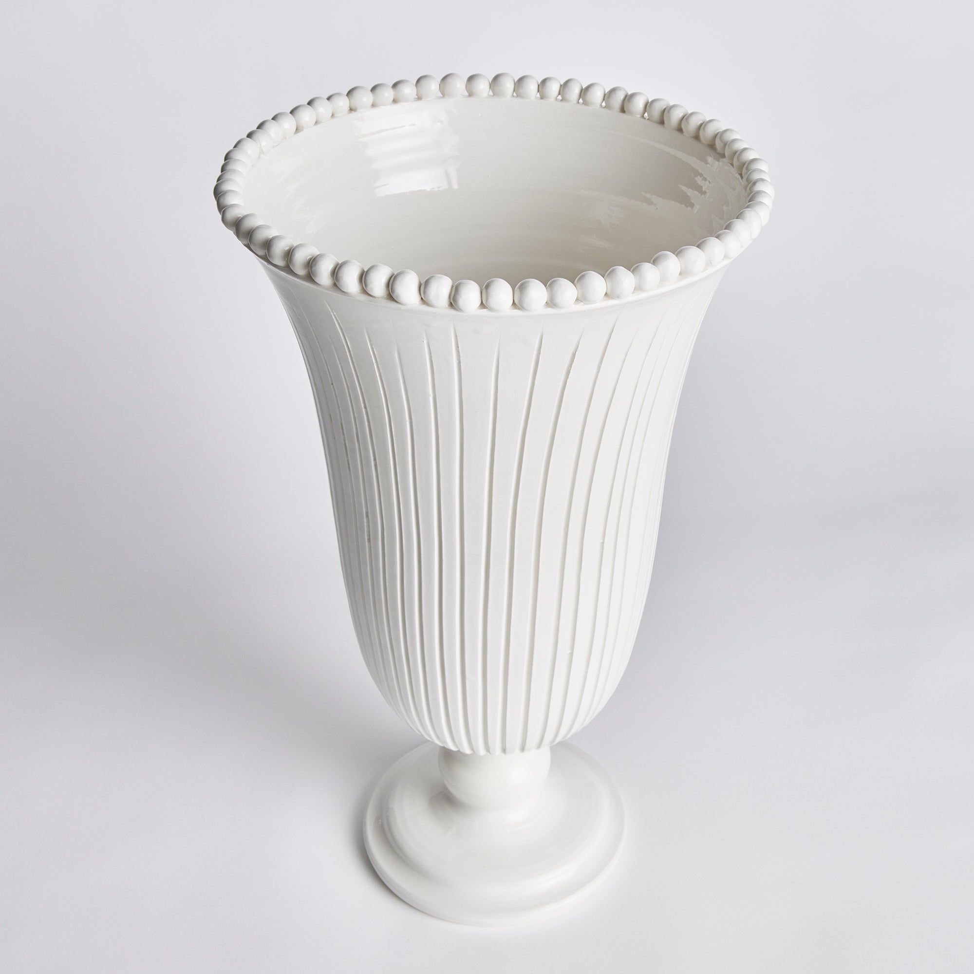 Tall white ceramic Perla Vase with hand-applied ribbing and beading