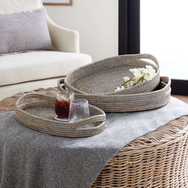 Burma Rattan Oval Serving Trays - Set of 3 Tight-Weave Baskets (3 Finishes) - Villa Decor & Design