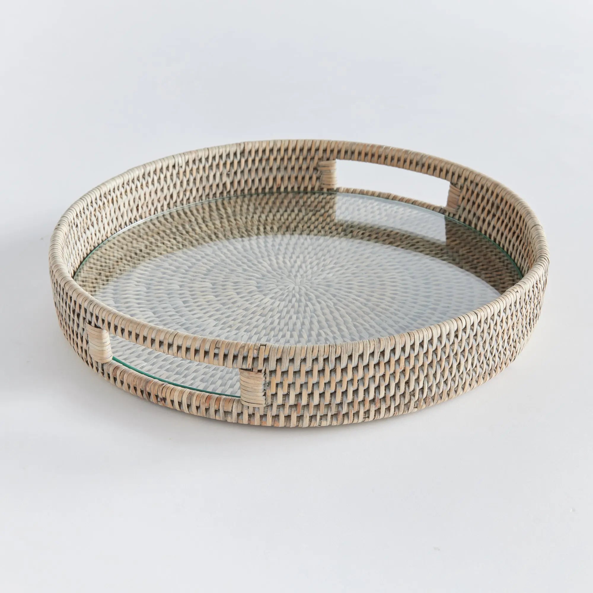 Handwoven Rattan Serving Tray with Glass Insert - Graywash - MEDIUM