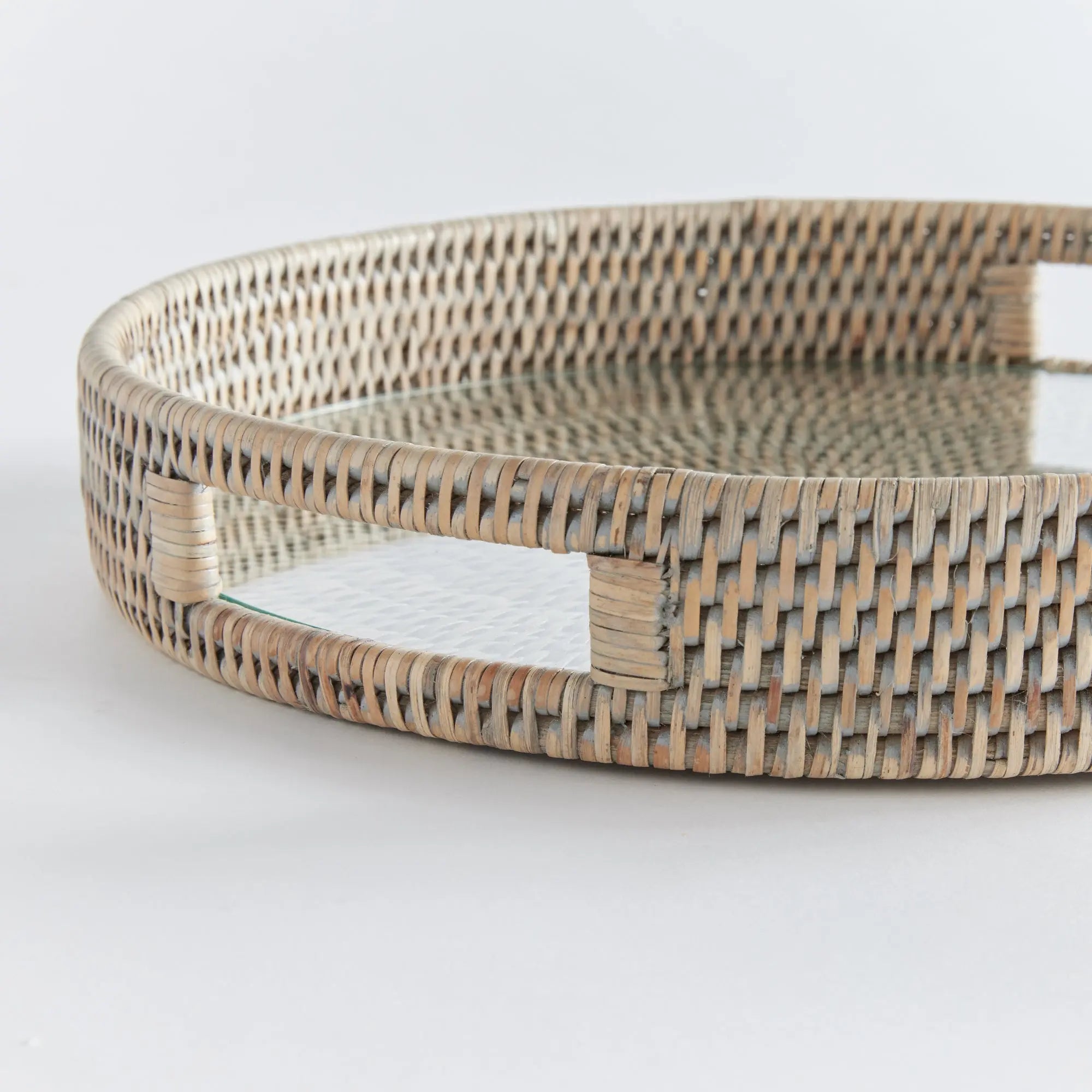 Handwoven Rattan Serving Tray with Glass Insert - Graywash - MEDIUM