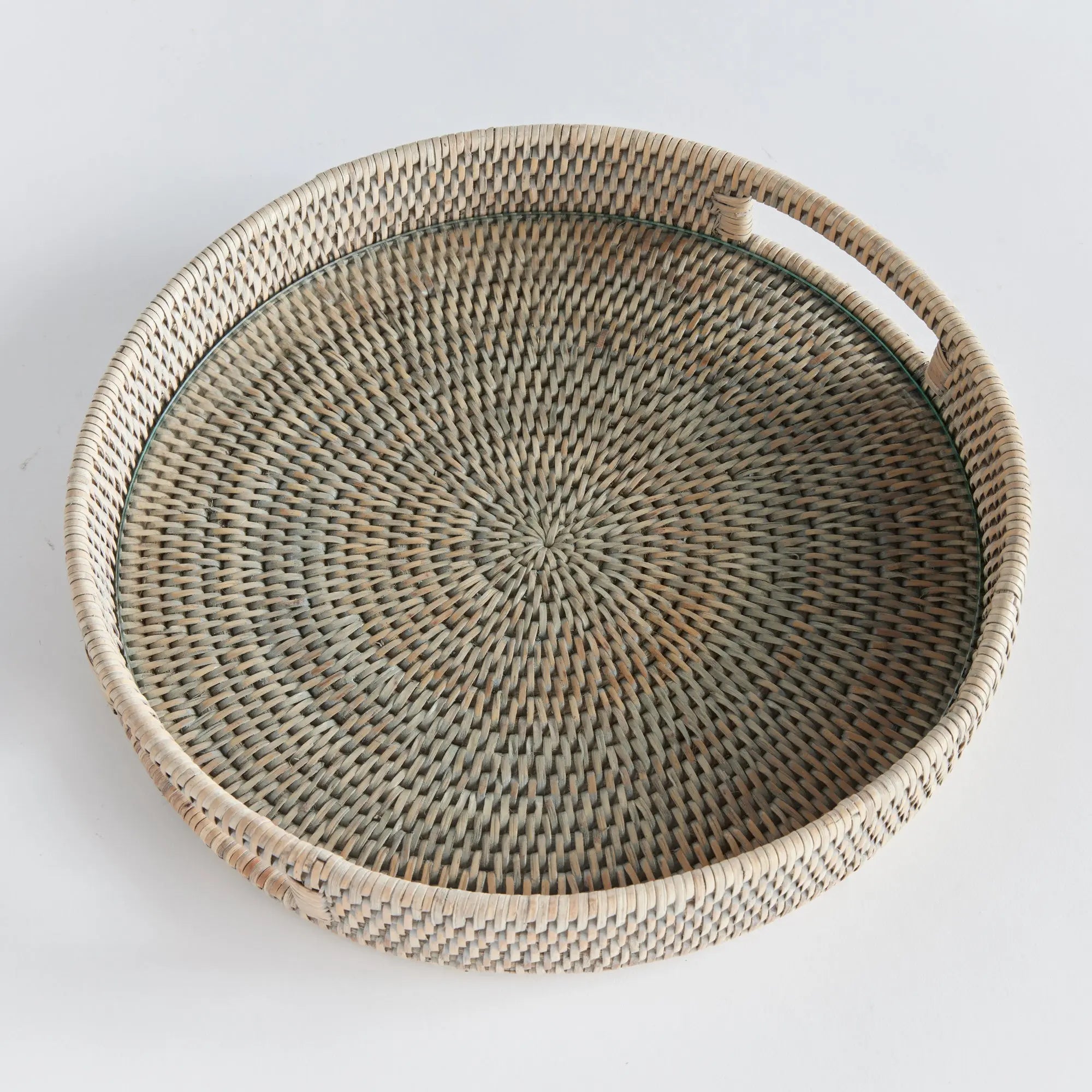 Handwoven Rattan Serving Tray with Glass Insert - Graywash - MEDIUM