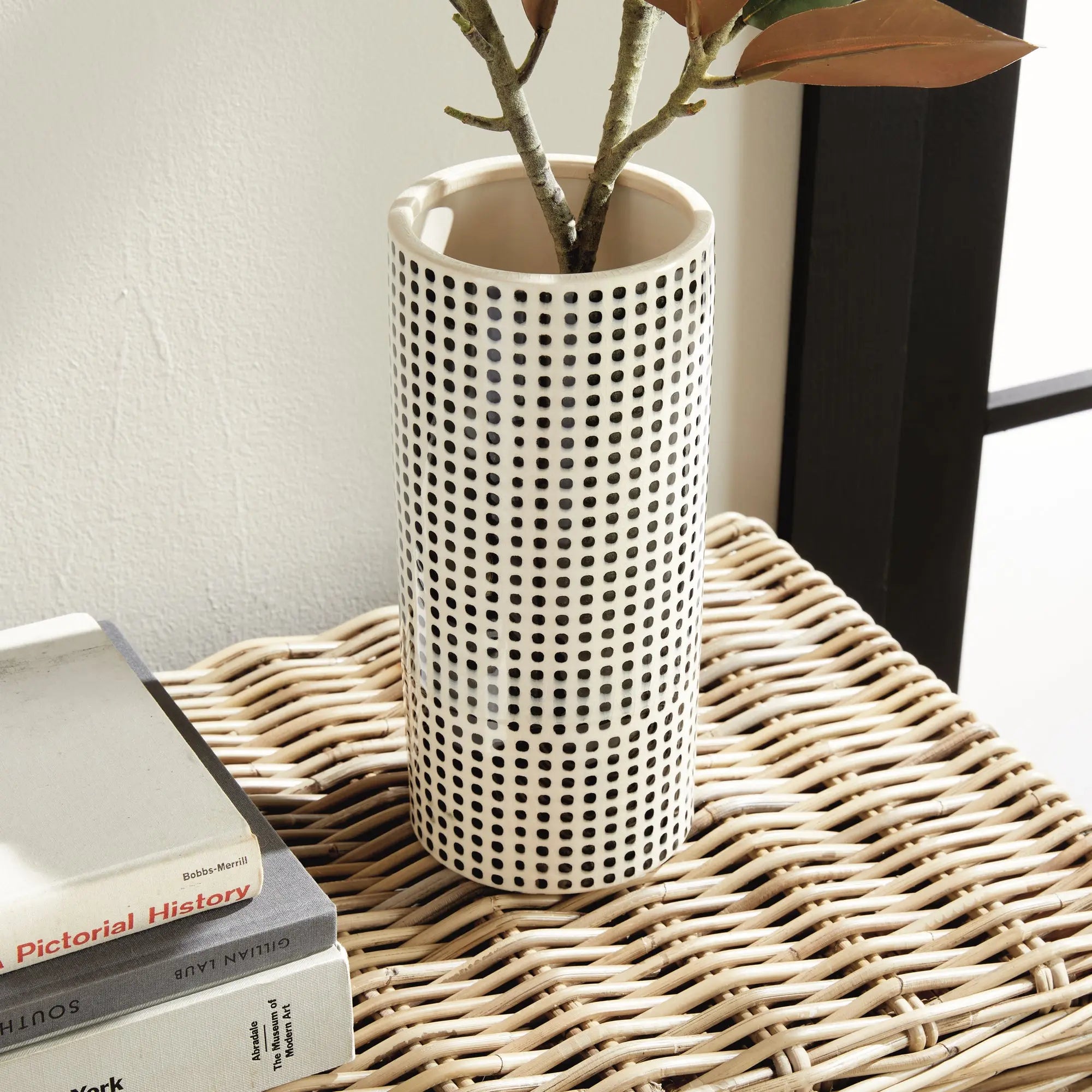 Mina Vase - handcrafted black and white ceramic vase with repeating dot pattern for transitional home décor and floral arrangements
