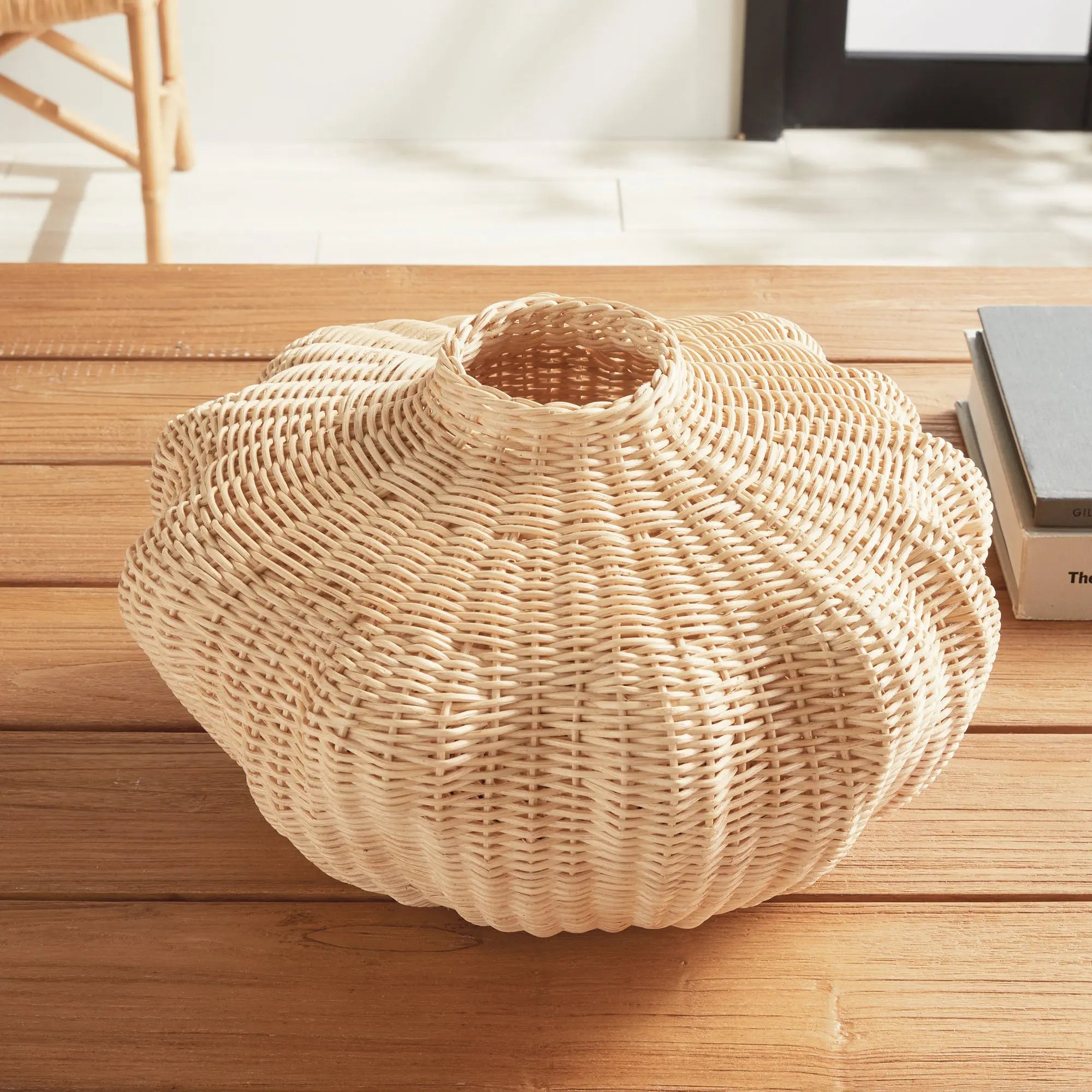 Handwoven short rattan vase with sculptural shape
