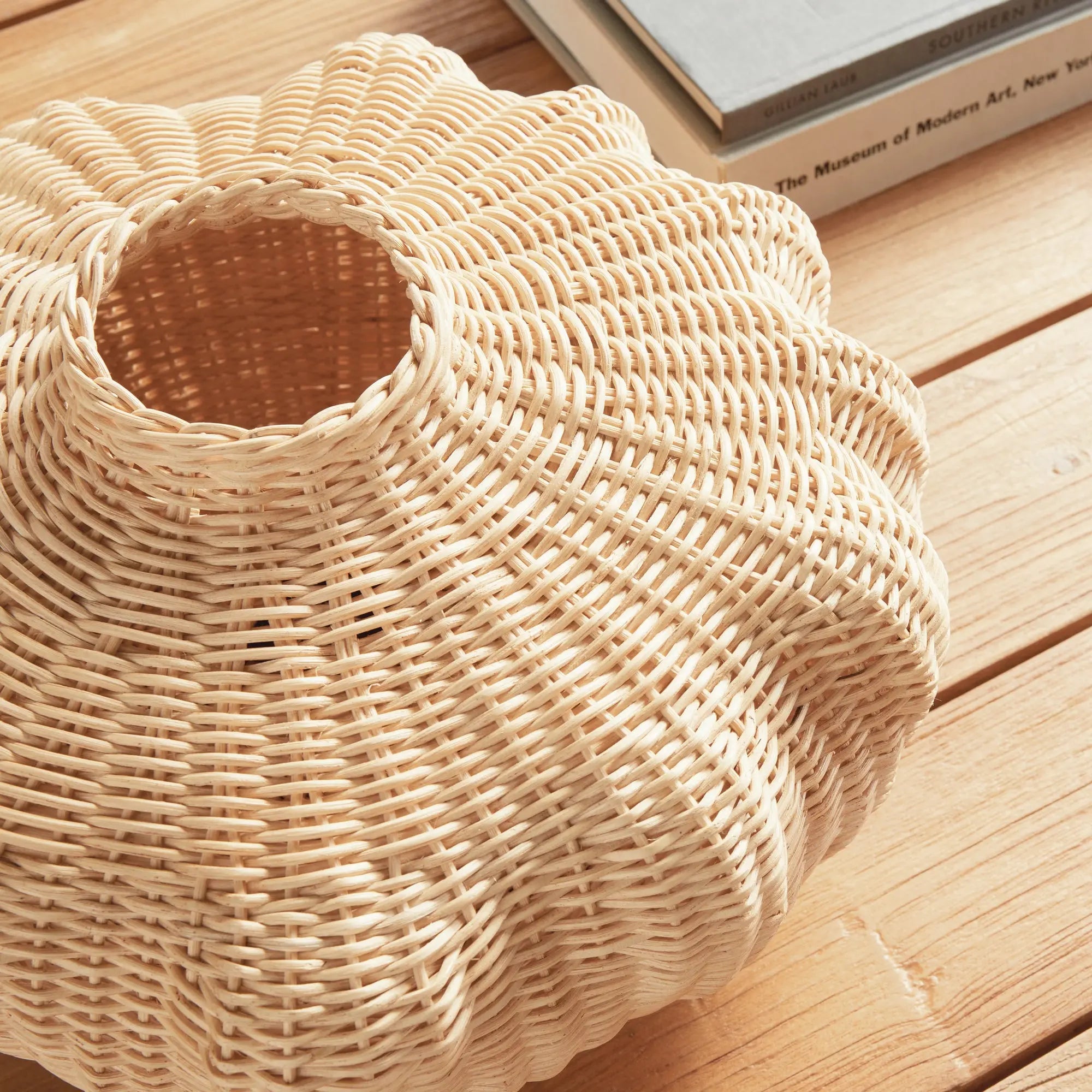 Handwoven short rattan vase with sculptural shape