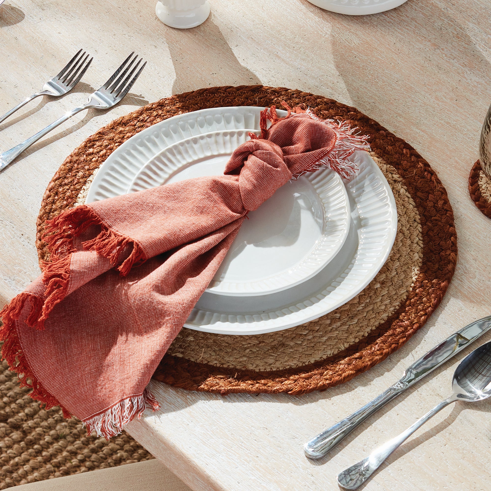 Jute Coil Round Placemats – Set of 8 | Natural with Color Trim Options