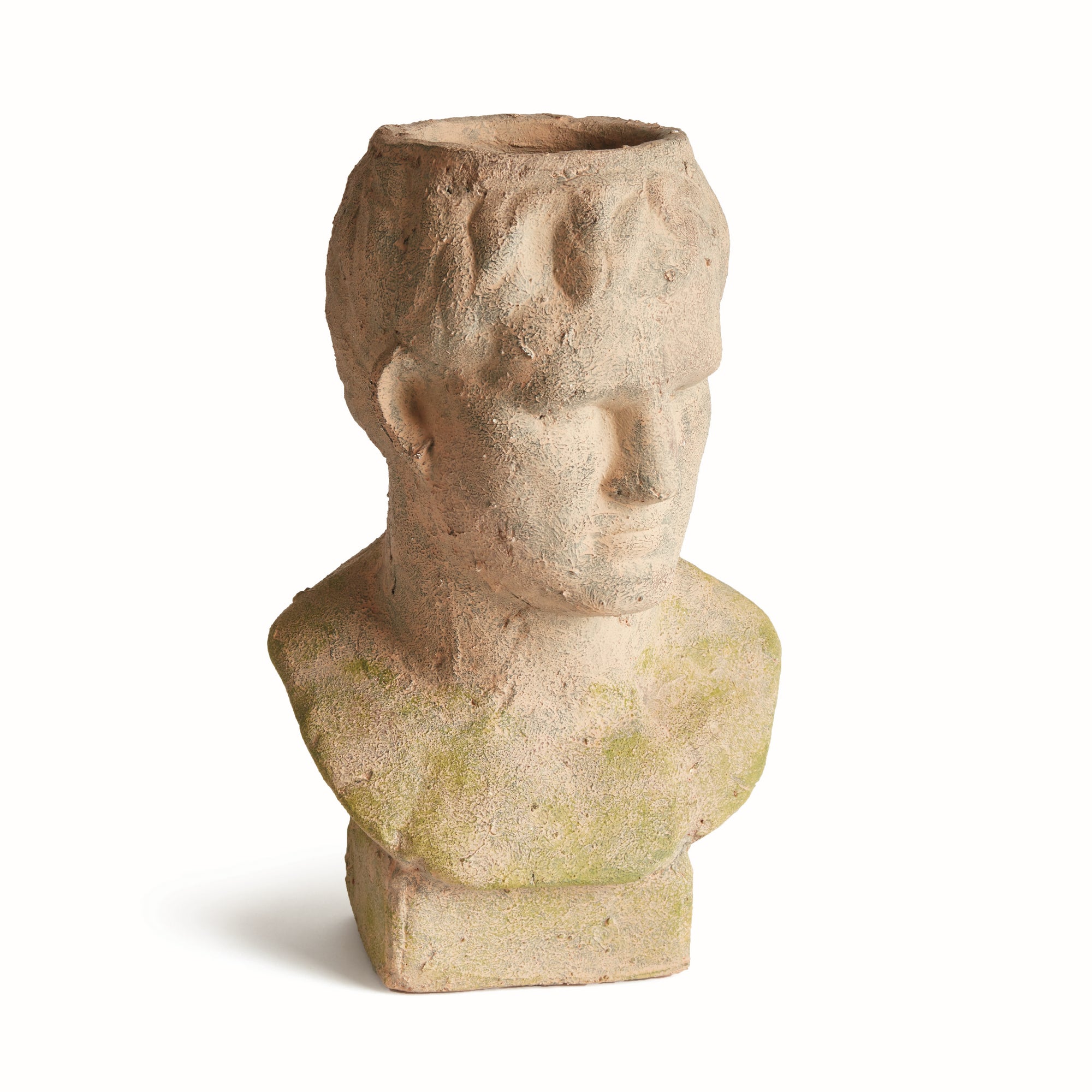 Weathered Garden Male Bust Planter | Moss Terracotta Finish
