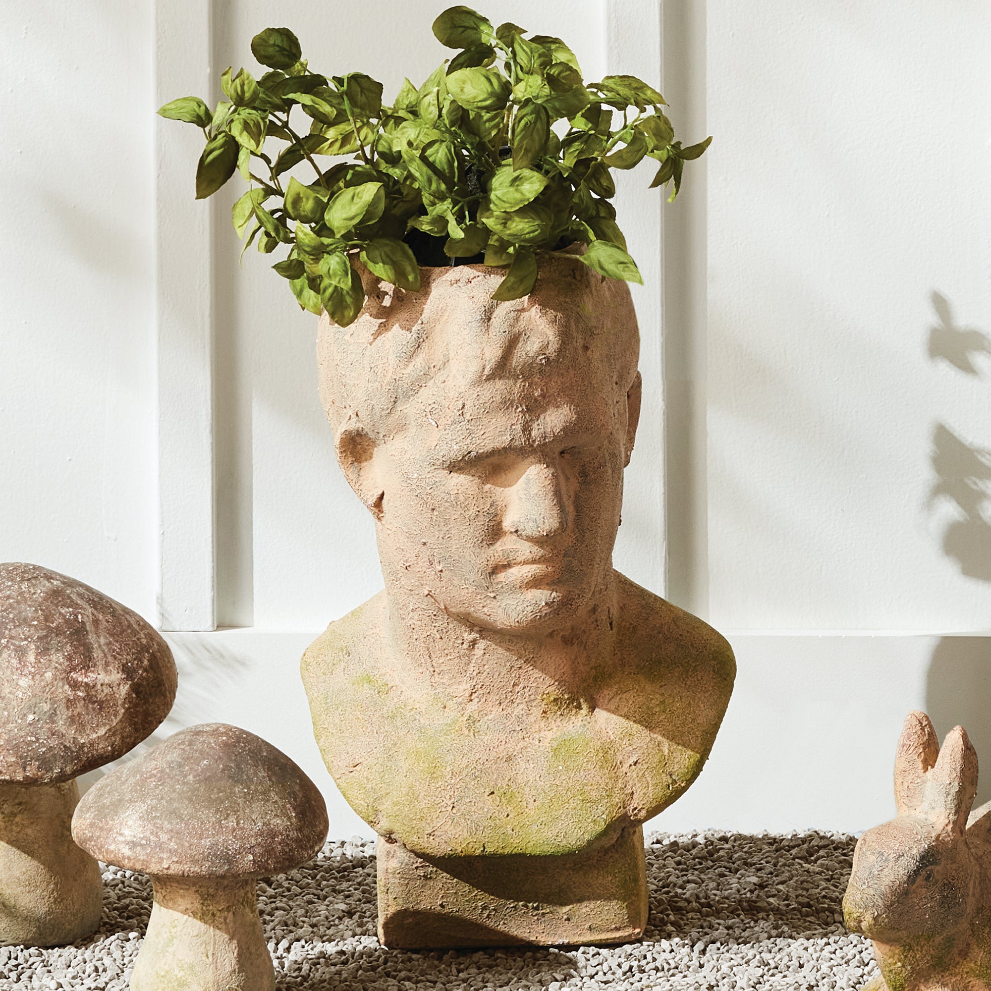 Weathered Garden Male Bust Planter | Moss Terracotta Finish