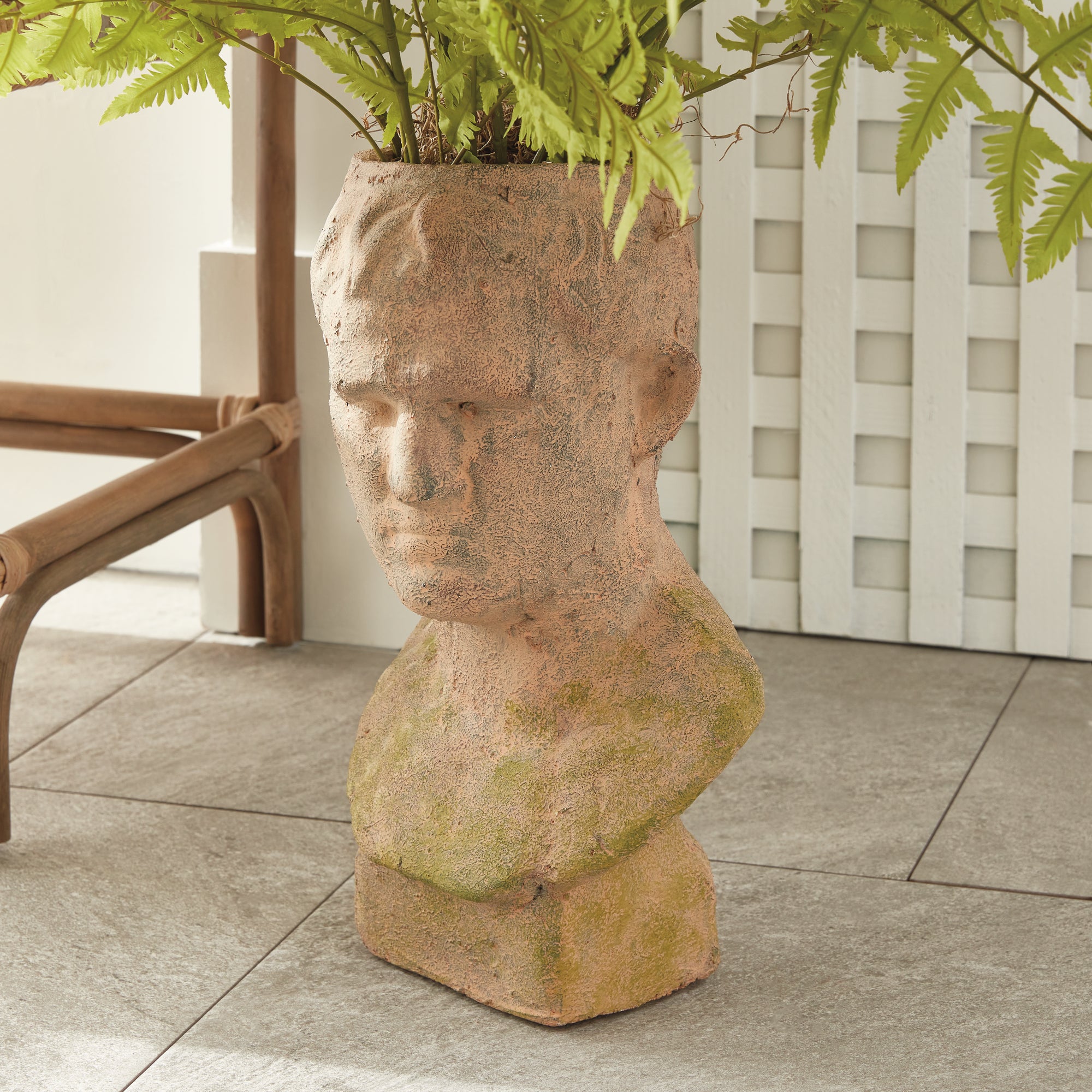 Weathered Garden Male Bust Planter | Moss Terracotta Finish