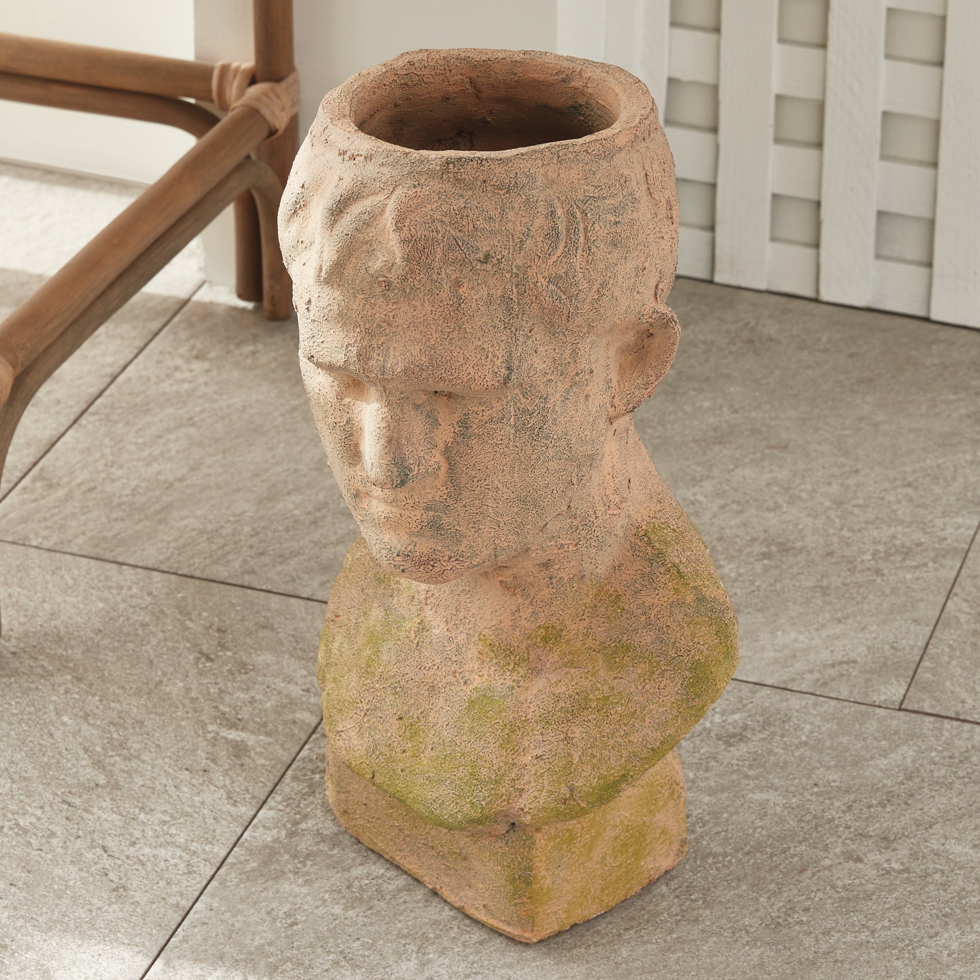 Weathered Garden Male Bust Planter | Moss Terracotta Finish