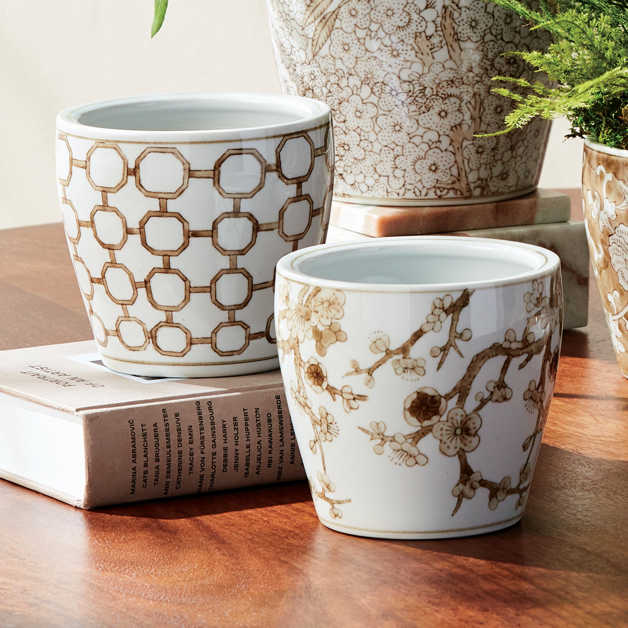Province Mini Flower Pots – Set of 6 Taupe & White Chinoiserie Ceramic Pots