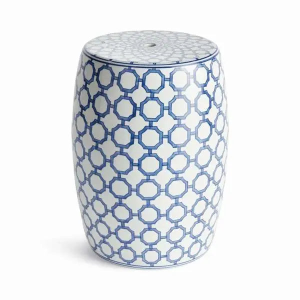 Barclay Butera Dynasty Link Stool, showing a blue and white ceramic stool with a classic chinoiserie-inspired link pattern. The stool is cylindrical and is shown against a plain background to highlight its intricate design.