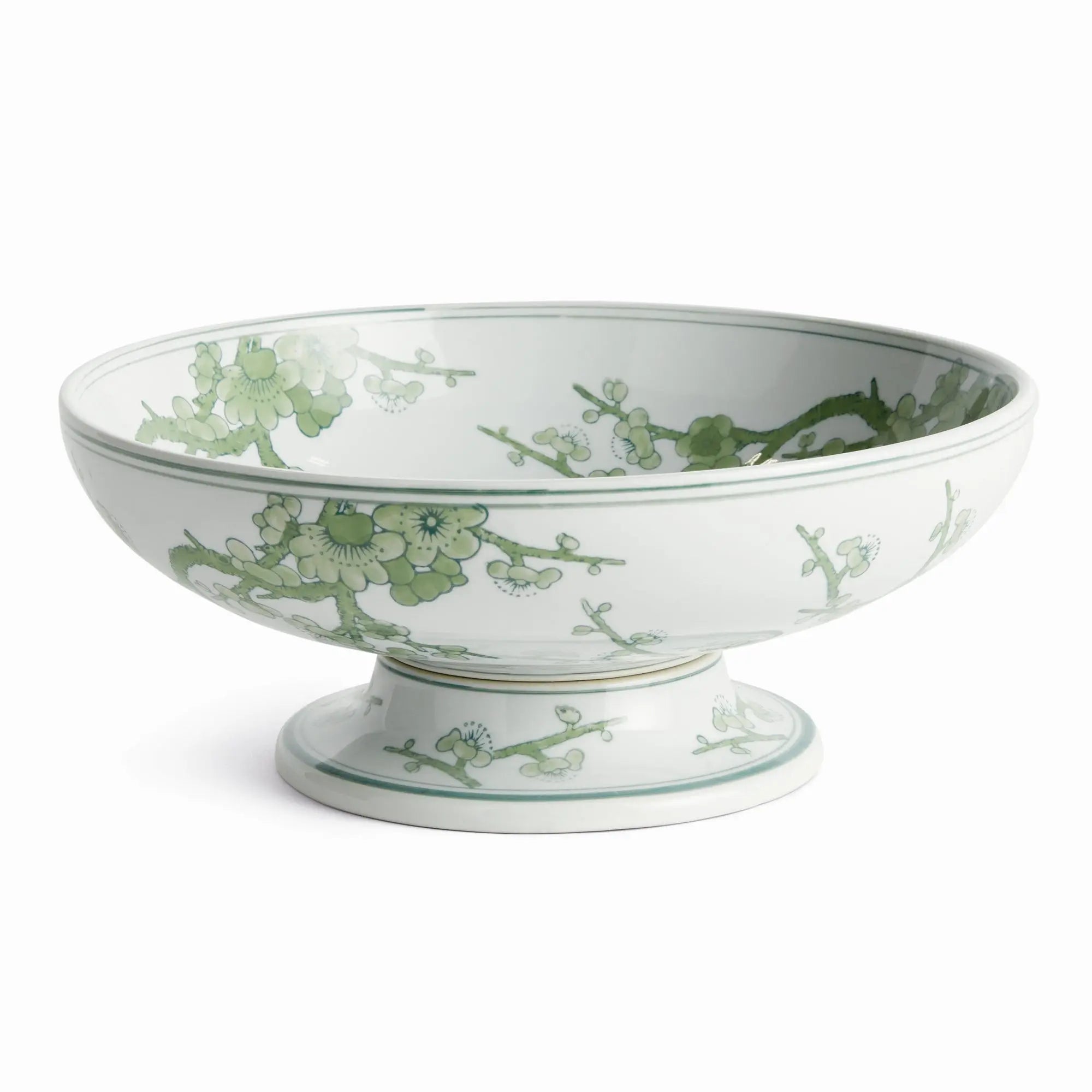 Imperial mpress Decorative Footed Bowl - handcrafted green and white chinoiserie ceramic bowl with elevated base for elegant home décor