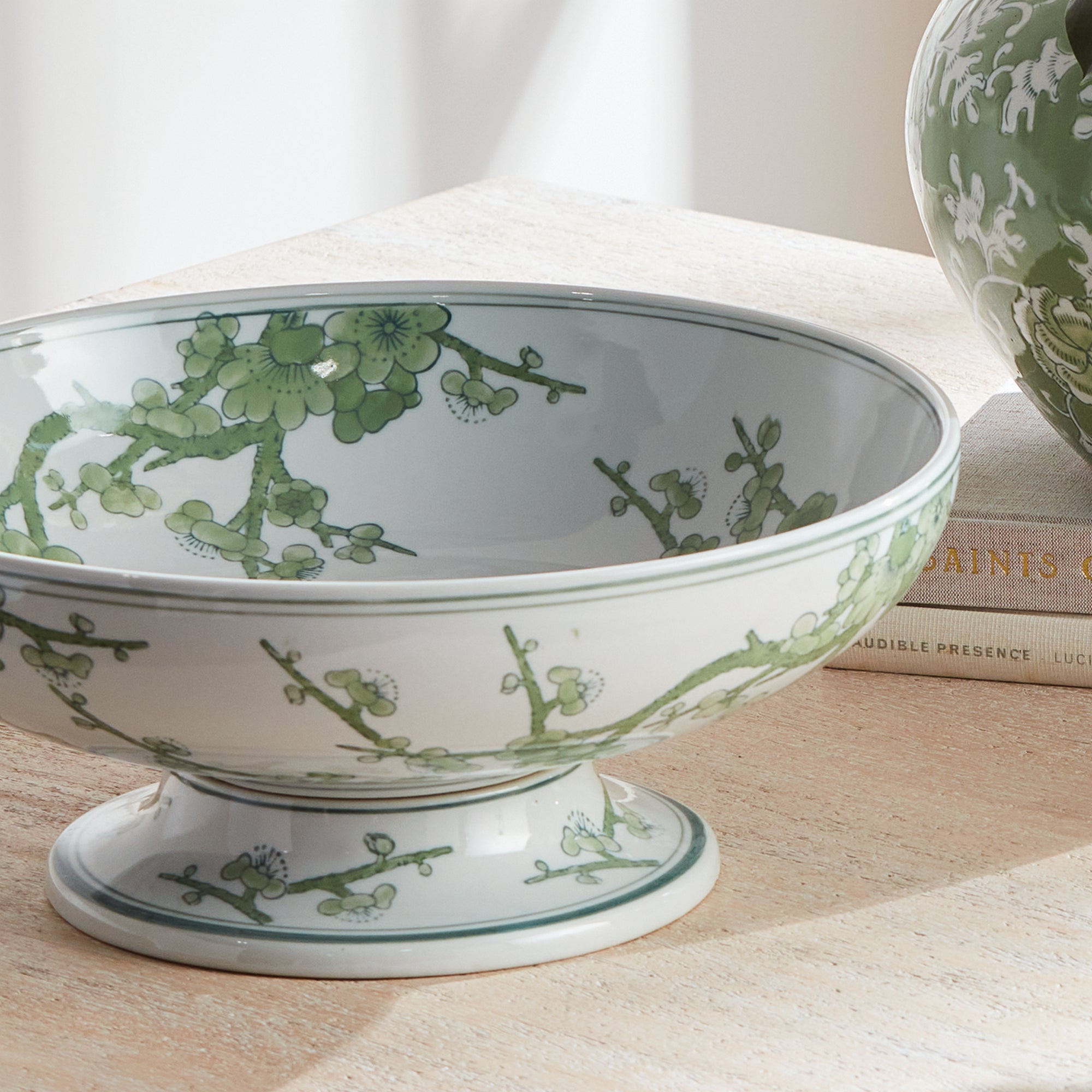 Imperial Empress Decorative Footed Bowl - handcrafted green and white chinoiserie ceramic bowl with elevated base for elegant home décor