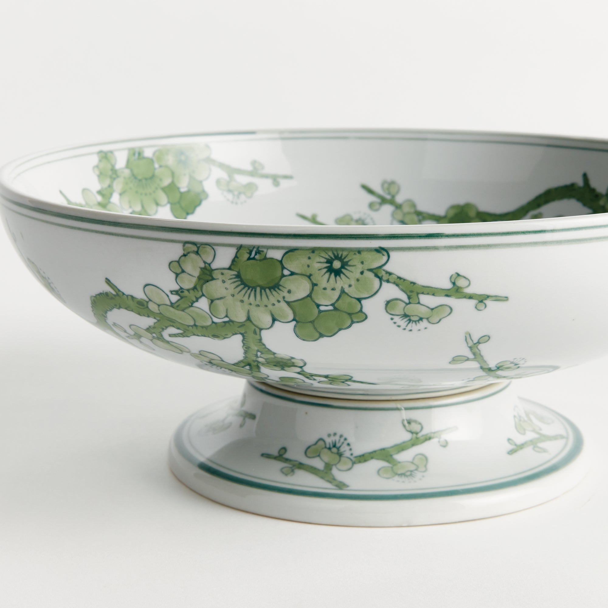 Imperial Empress Decorative Footed Bowl - handcrafted green and white chinoiserie ceramic bowl with elevated base for elegant home décor