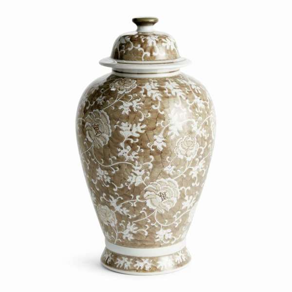 Grand Province Lotus Ginger Jar - Large 20" Taupe & White Ceramic